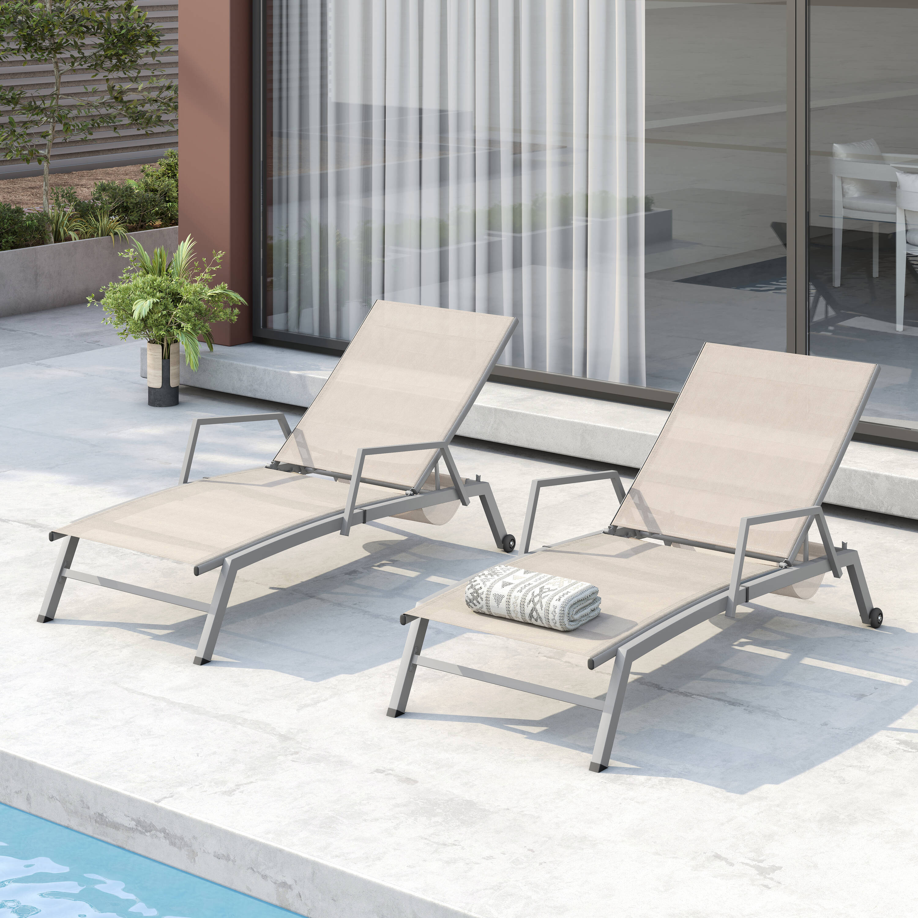 Octans SL2C00169 Set of 2 Stackable Grey Powder Coated Steel Frame Metal Frame Stationary Chaise Lounge Chair with Tan Mesh Seat