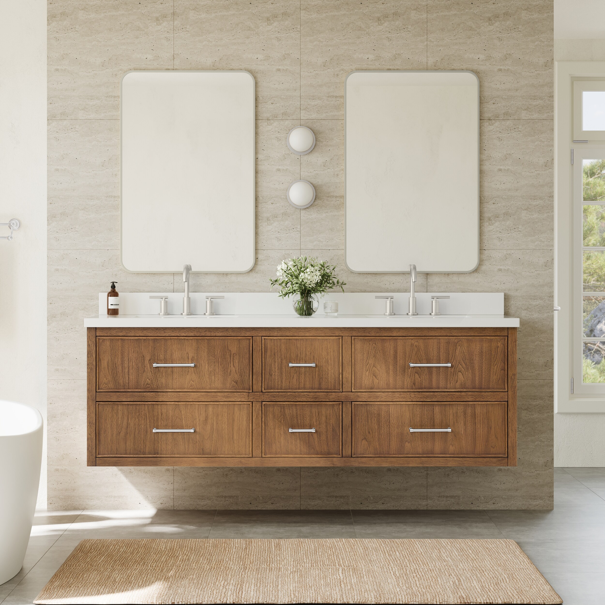 Wyndham Collection Isola WM 72 Inch Double Wall Mounted Bathroom Vanity in Toasted Walnut, White Quartz Countertop, Undermount Square Sinks (3-Hole), Brushed Nickel Trim