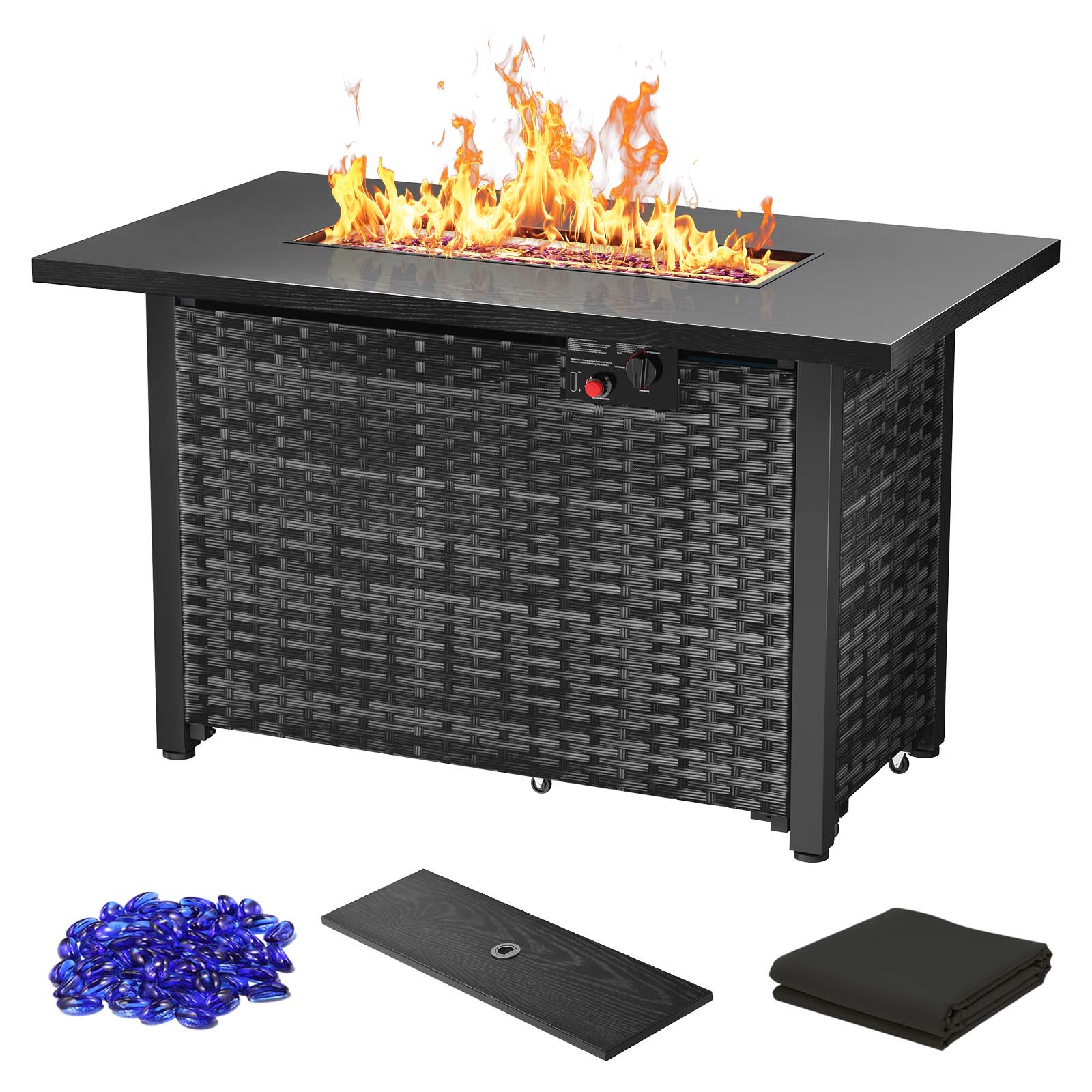 R.W.FLAME  42 in Propane Fire Pit Table 50000 BTU Wood Grain Metal Design Black