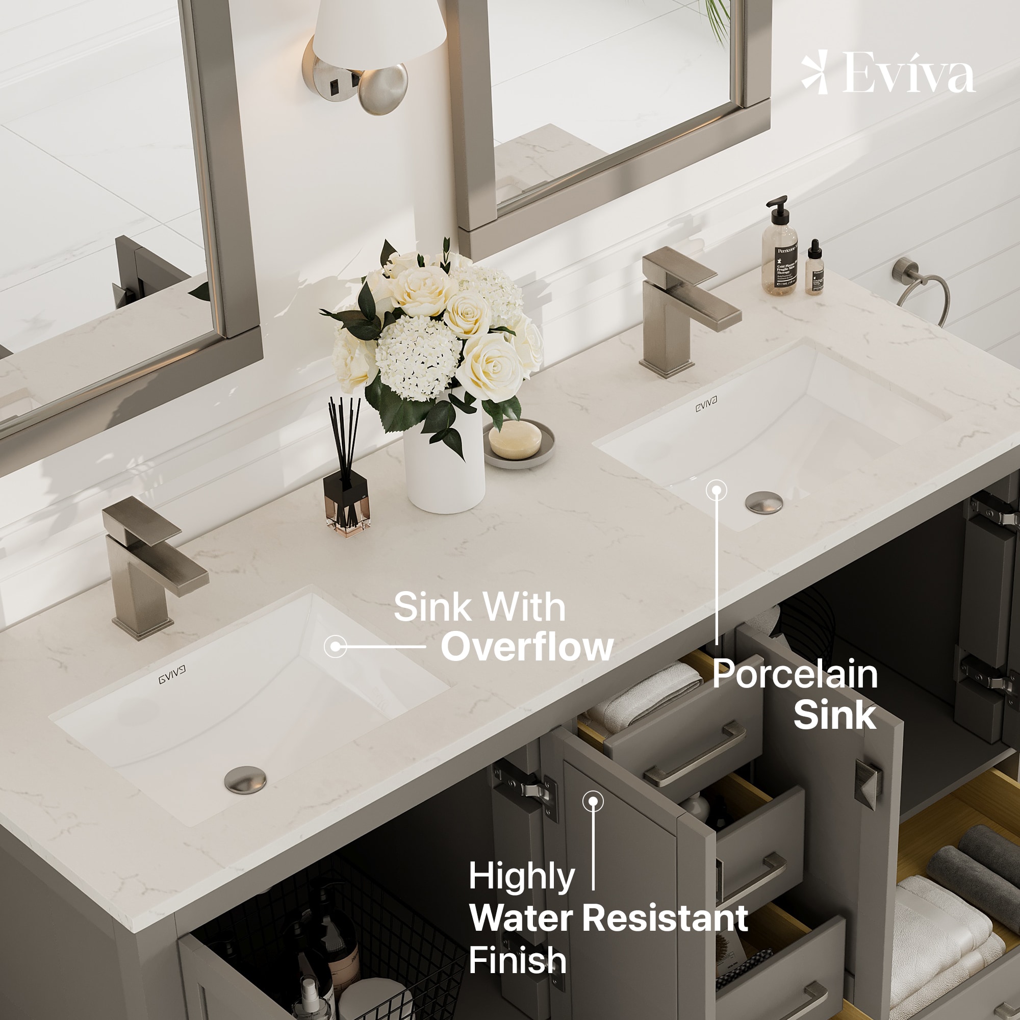 Gray Double Sink Bathroom Vanity with White Quartz Countertop