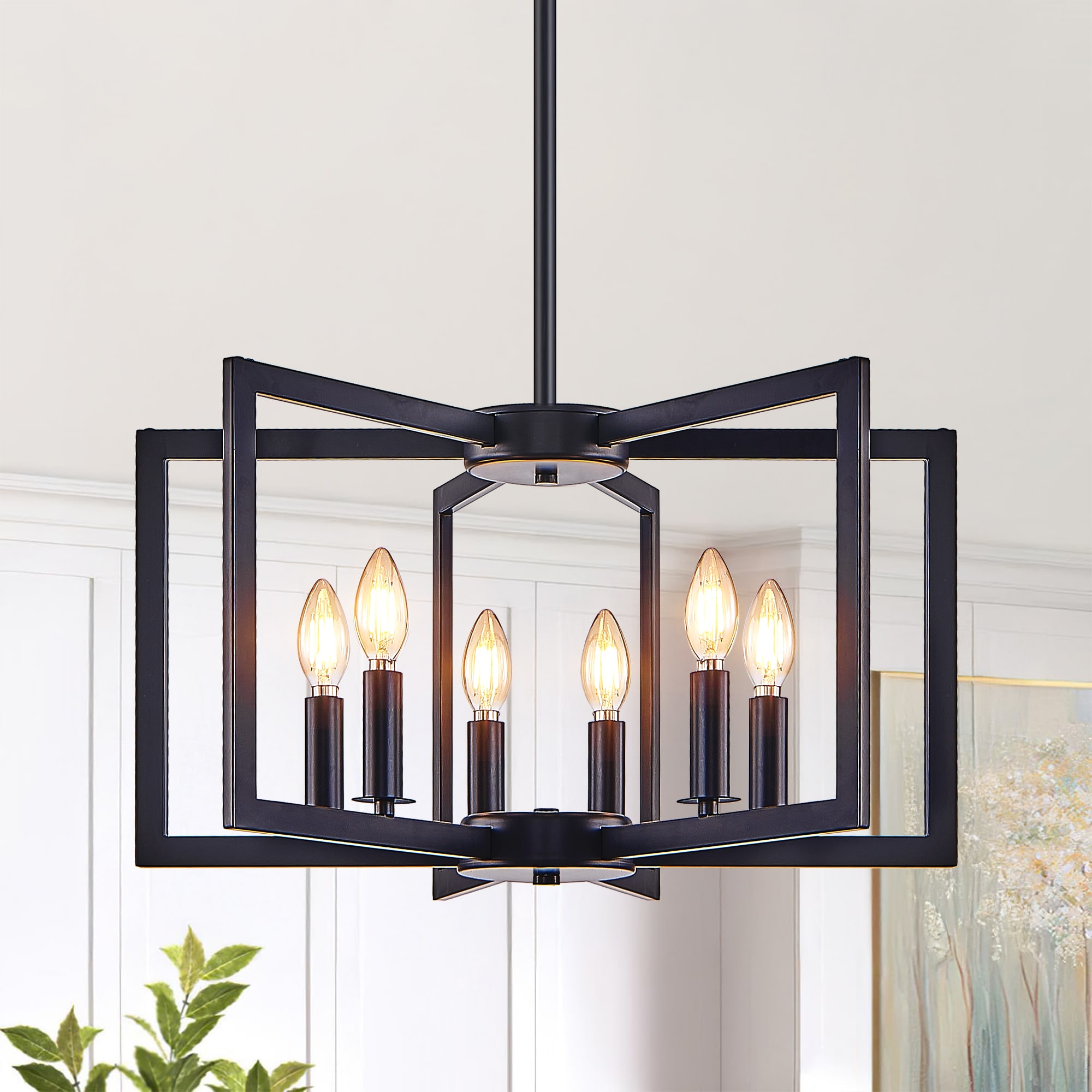 Zitrend 22-in Black Modern Pendant Light Geometric 6-Light Open Iron Frame with Adjustable Rods for Dining Room Living Room and Kitchen