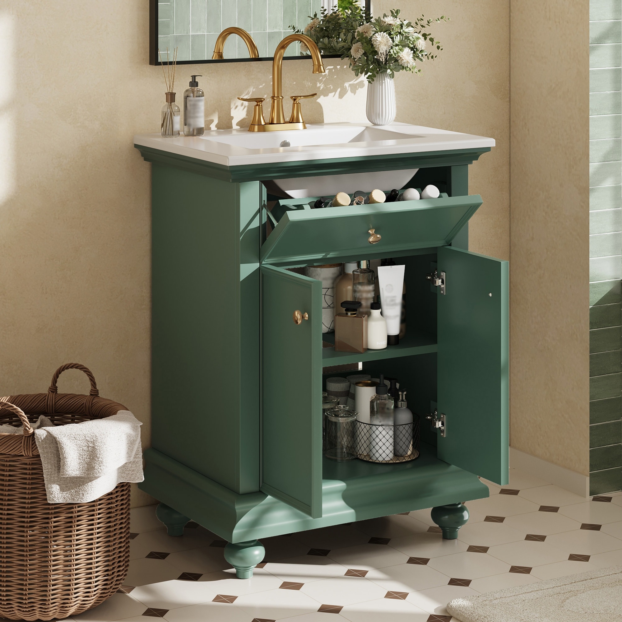 Qualler -  24 Inch Bathroom Vanity with Ceramic Sink and 2 Doors 1 Tip-Out Drawer  - Green