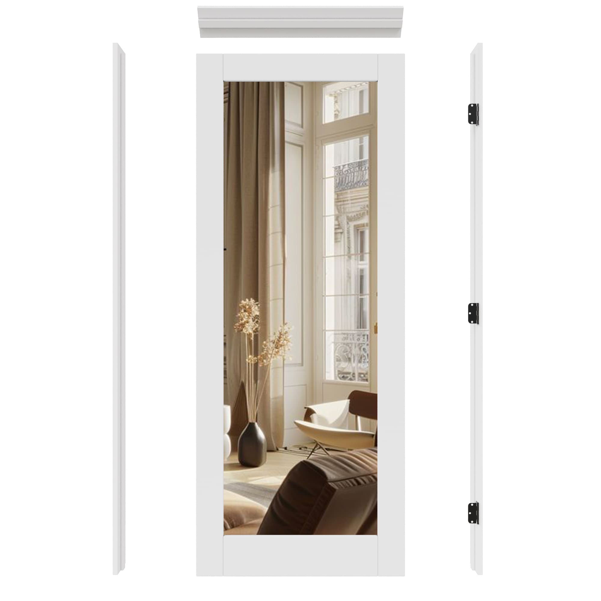 JUJUBON IN-PREPR-FM-YGMR-30L 30-in x 80-in White Quickly Assemble Jamb Solid core 1-panel Mirrored glass Left hand Smooth Primed MDF Flat Jamb Single Prehung Interior Door