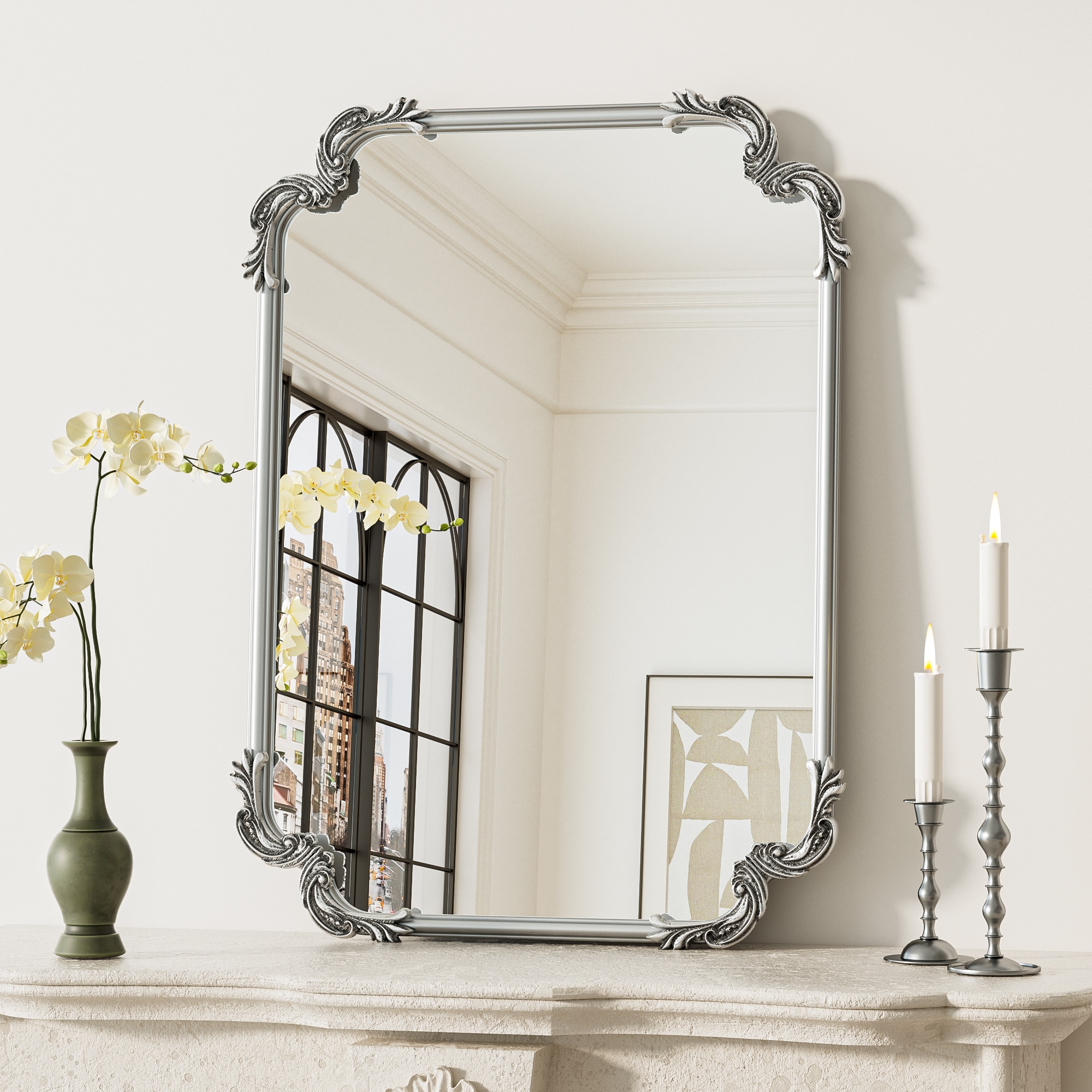 Keonjinn LW-ZSJ-FAQ-5576-SI Decorative Mirror 22-in W x 30-in H Rectangle Distressed Silver Framed Wall Mirror