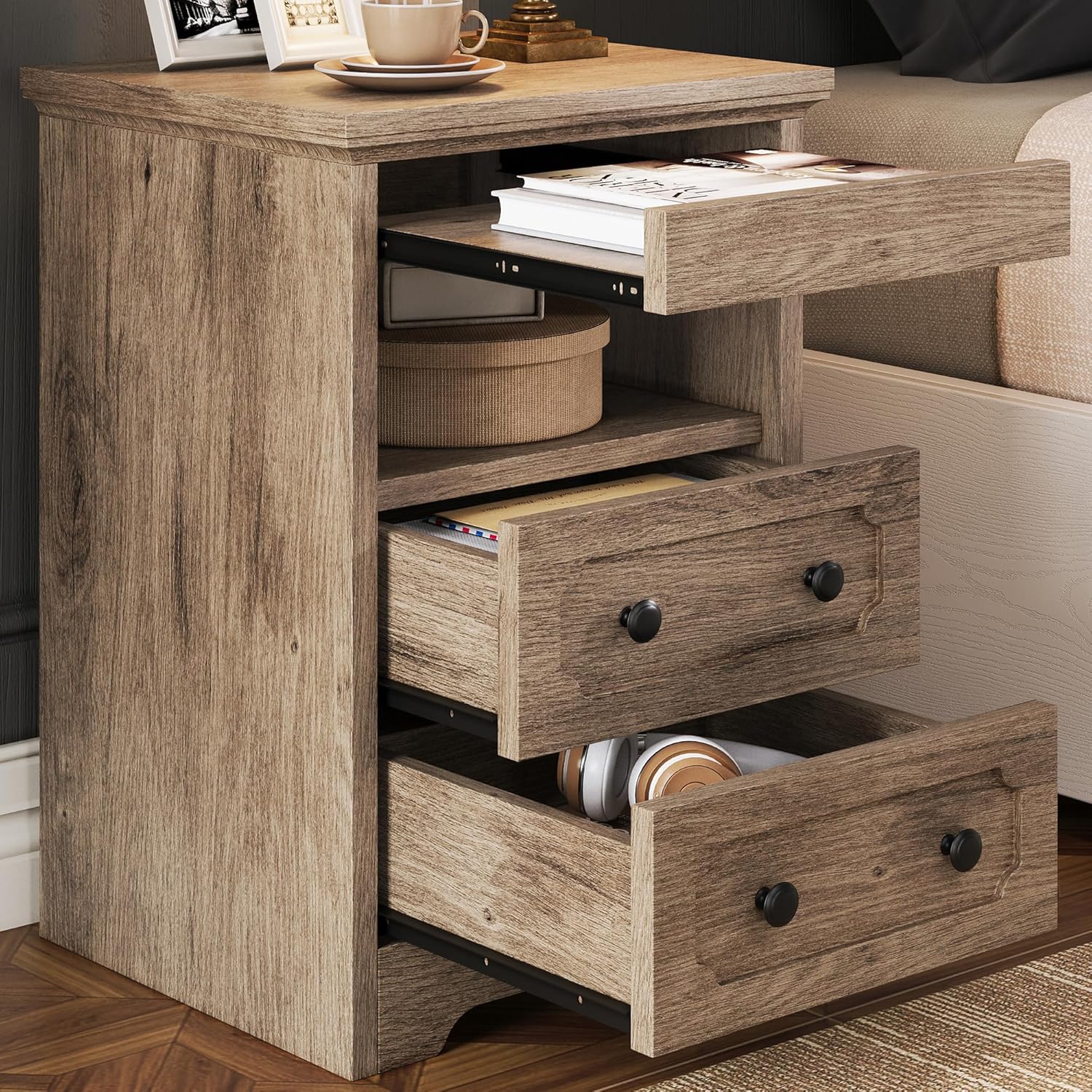 Likimio US3WG0WHYEXTJZLF 15.8-in W Grey Oak 2 Drawers Night Stand with Open Shelf and Pull-Out Tray