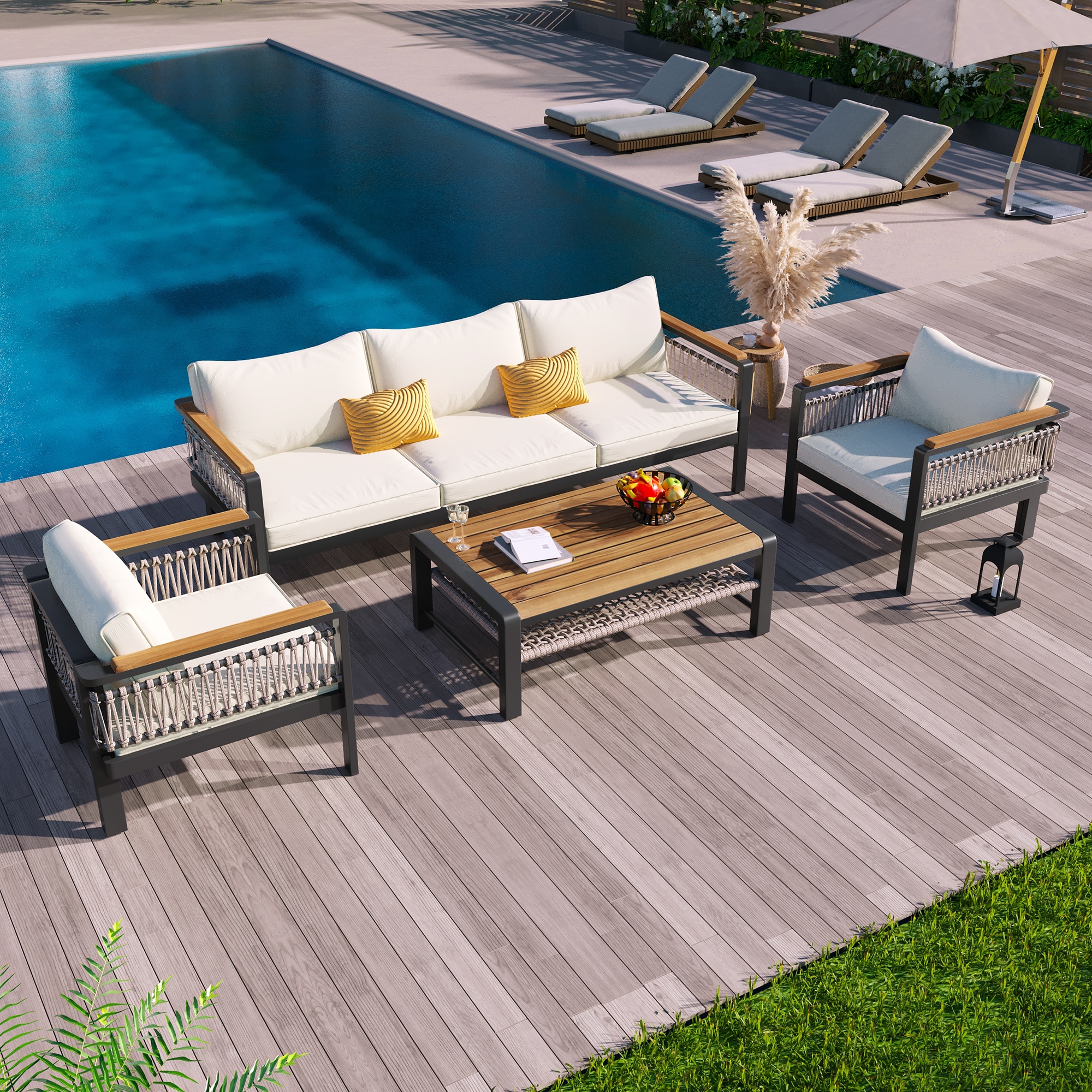 Black Steel 7-Piece Outdoor Dining Set with Cushions