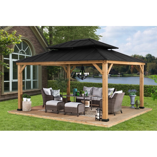 Wood Rectangle Gazebo With Steel Roof, Can You Have A Fire Pit Under Canopy