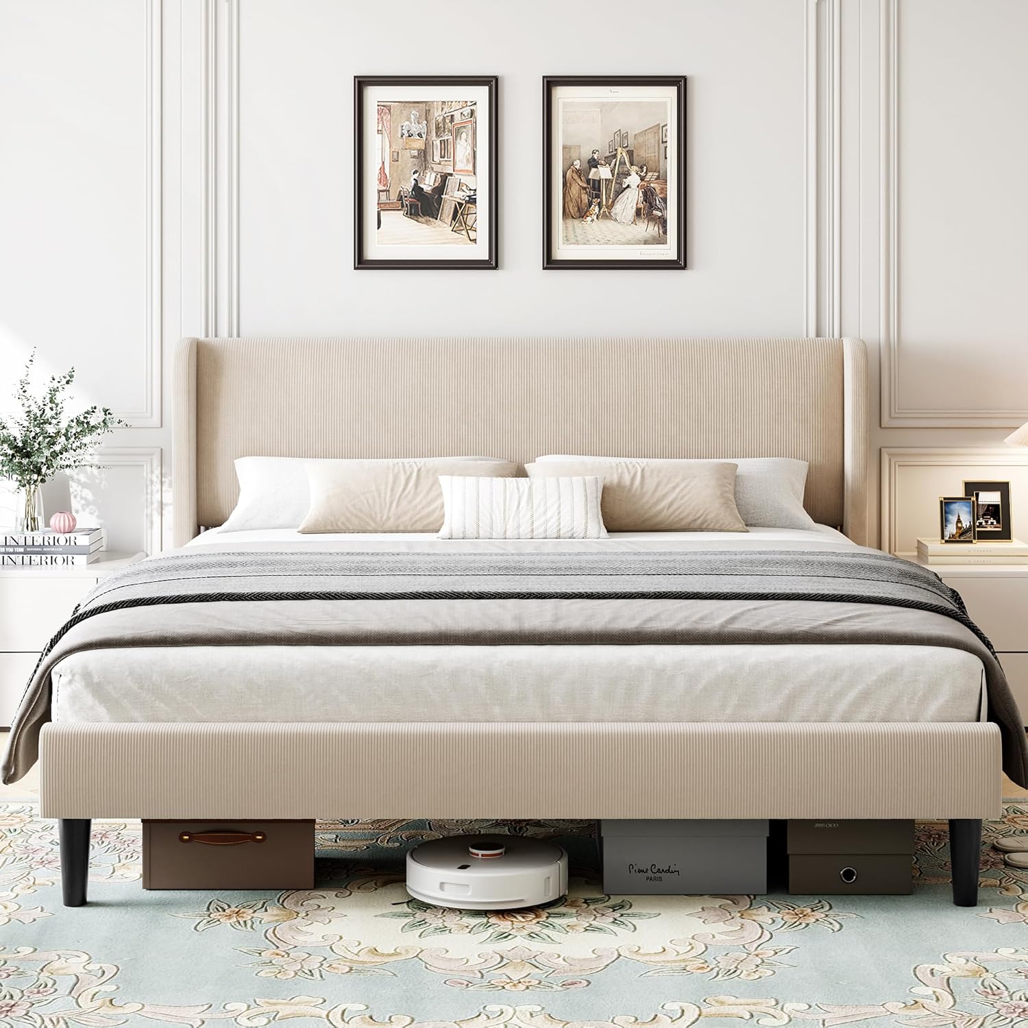 Qeetex PD-PHO-14WN33XQ Full Upholstered Bed Frame With Wingback Headboard-Velvet Platform-Wood Slats-No Box Spring Needed-Easy Assembly-Beige