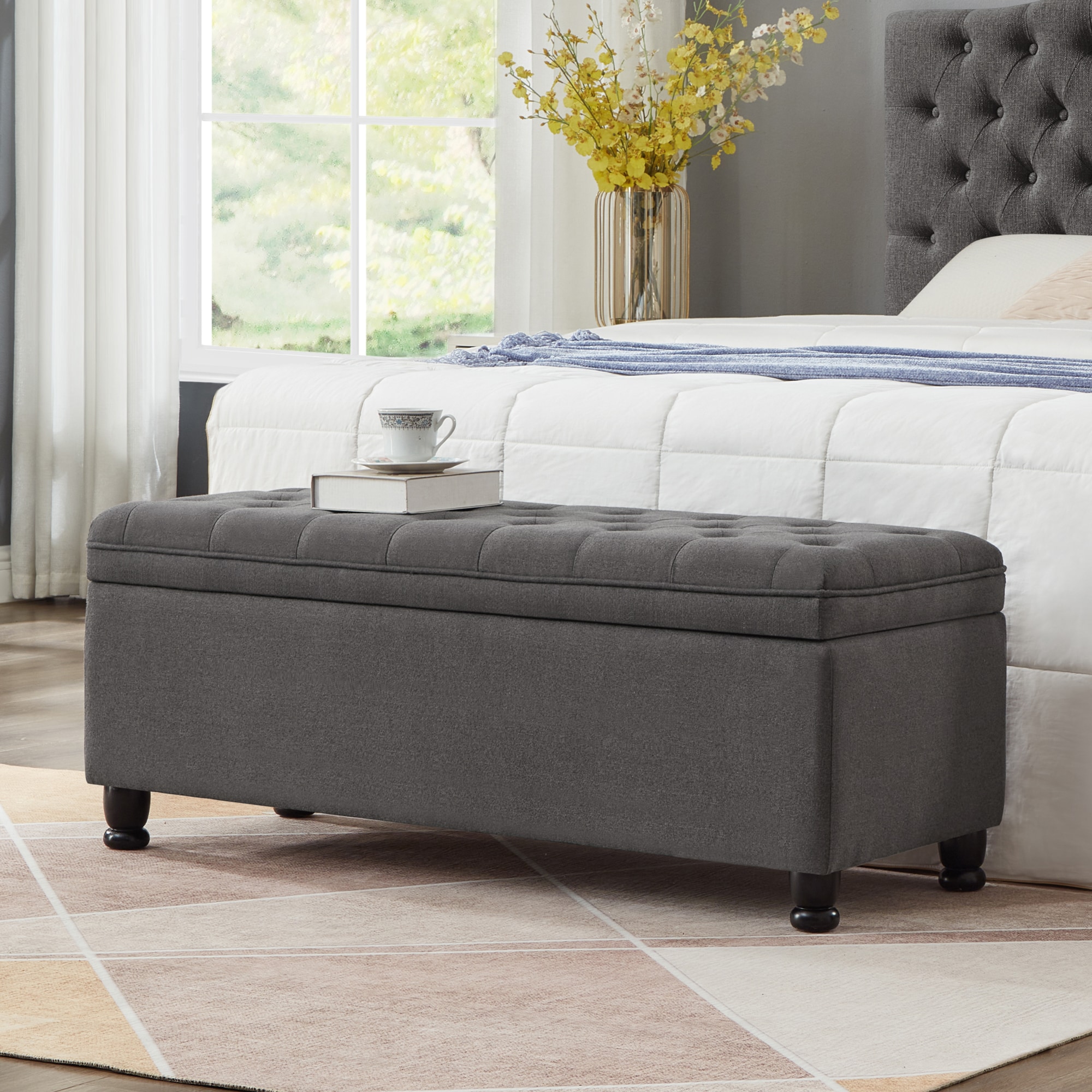 LOVMOR SF-M-W2186P151307 Upholstered tufted button storage bench Linen fabric entry bench with spindle wooden legs Bed bench Dark Gray