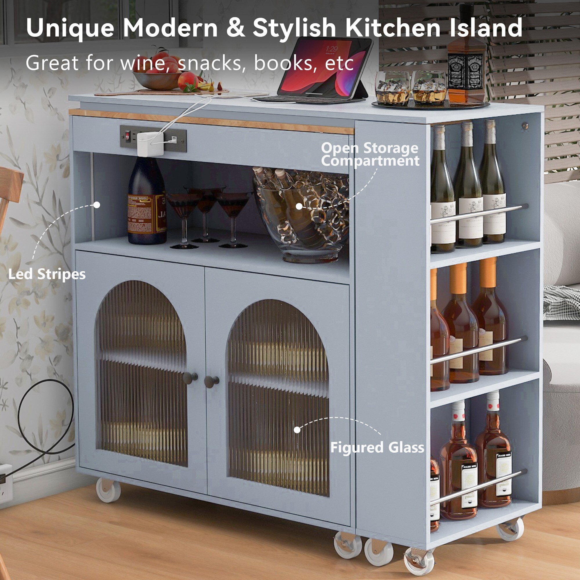Runesay Gray Mdf Base with Mdf Wood Top Rolling Kitchen Island (16.92-in x 41.11-in x 38.22-in)