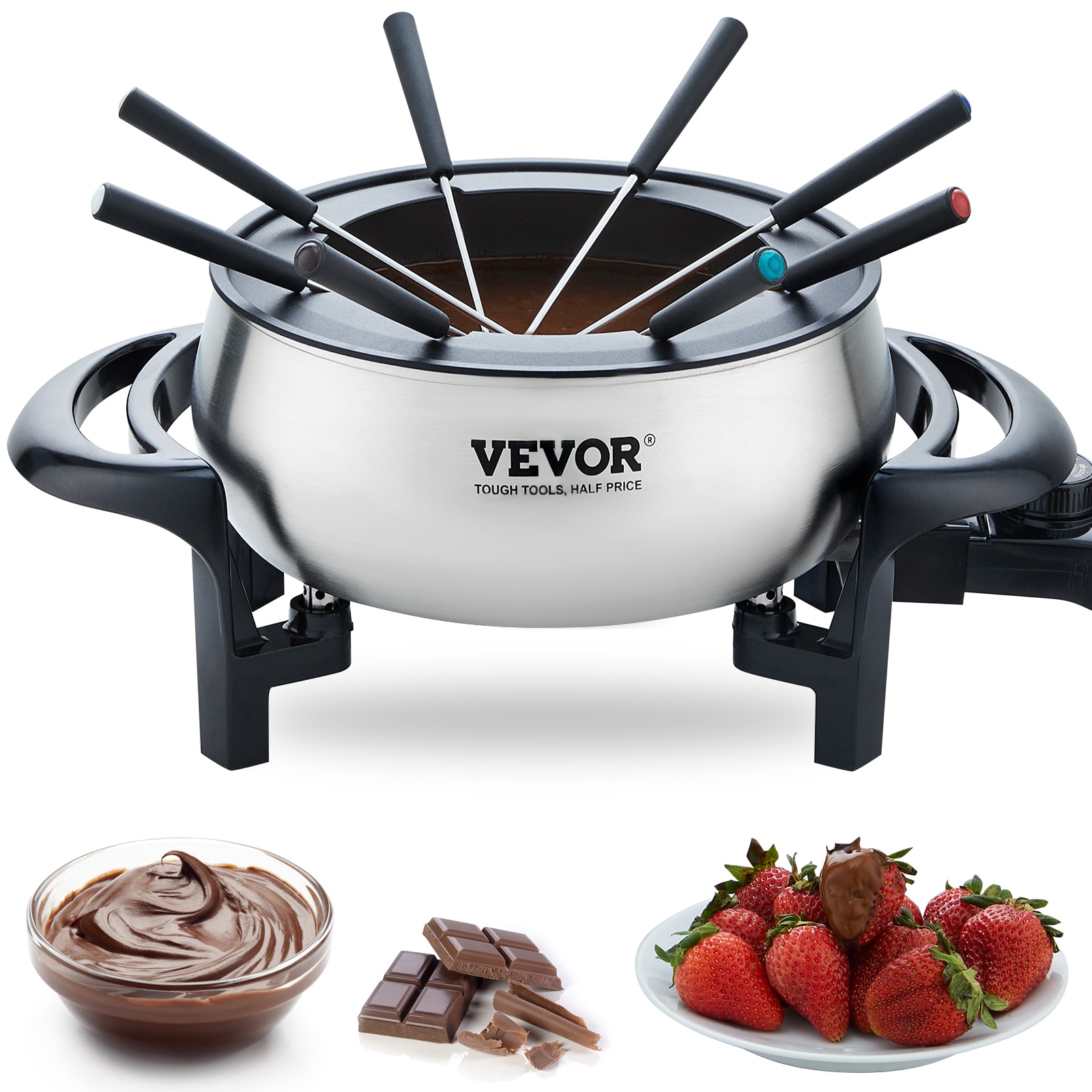 VEVOR QKLRHG31000W1WNMRV1 Electric Fondue Pot Set For Cheese and Chocolate, 3 Quart Chocolate Melting Warmer, Stainless Steel Fondue Maker with Temperature Control and 8 Forks, For Hors D'oeuvres, Entrees, and Desserts