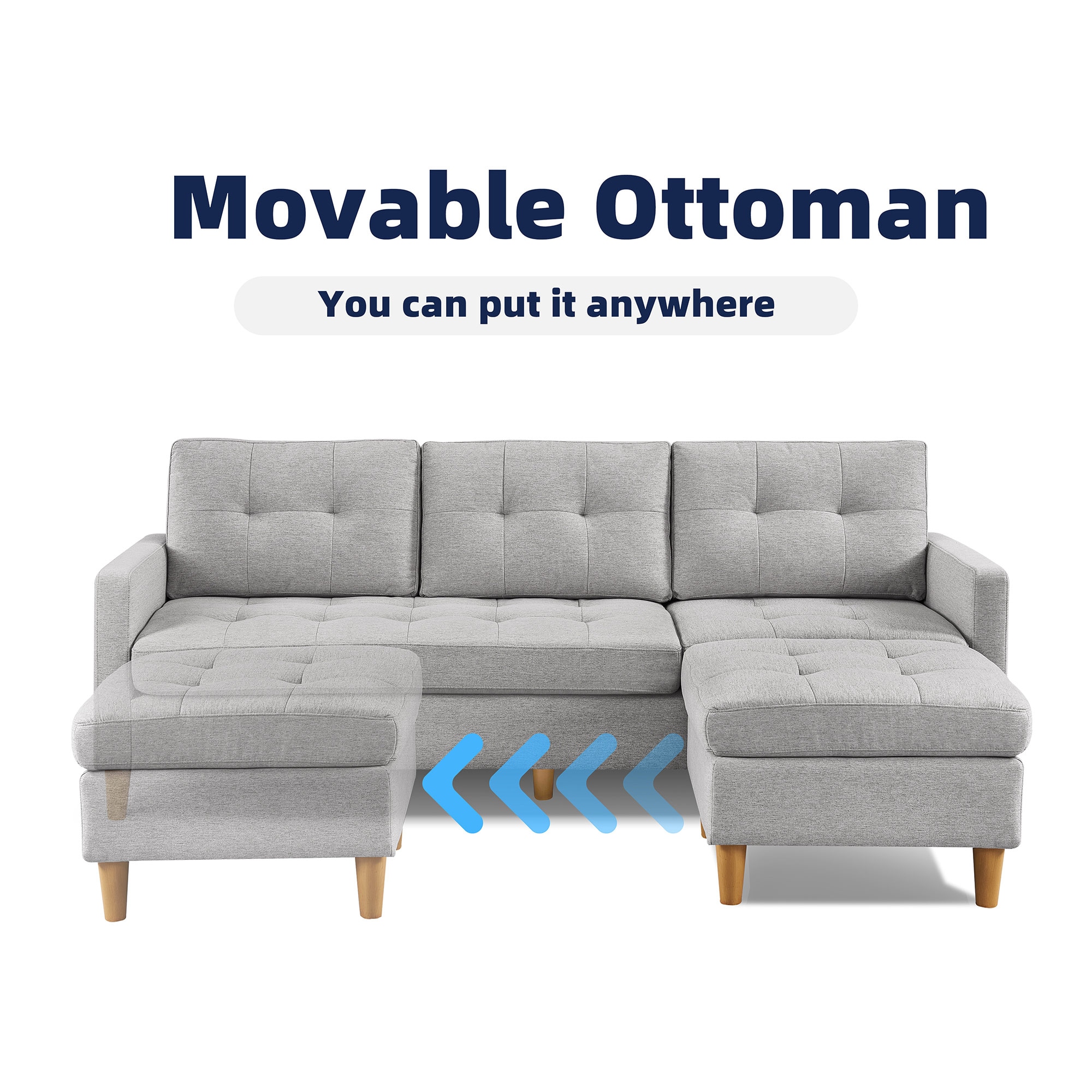 Light Grey Tufted Velvet Two Piece Sectional Sofa with Ottoman