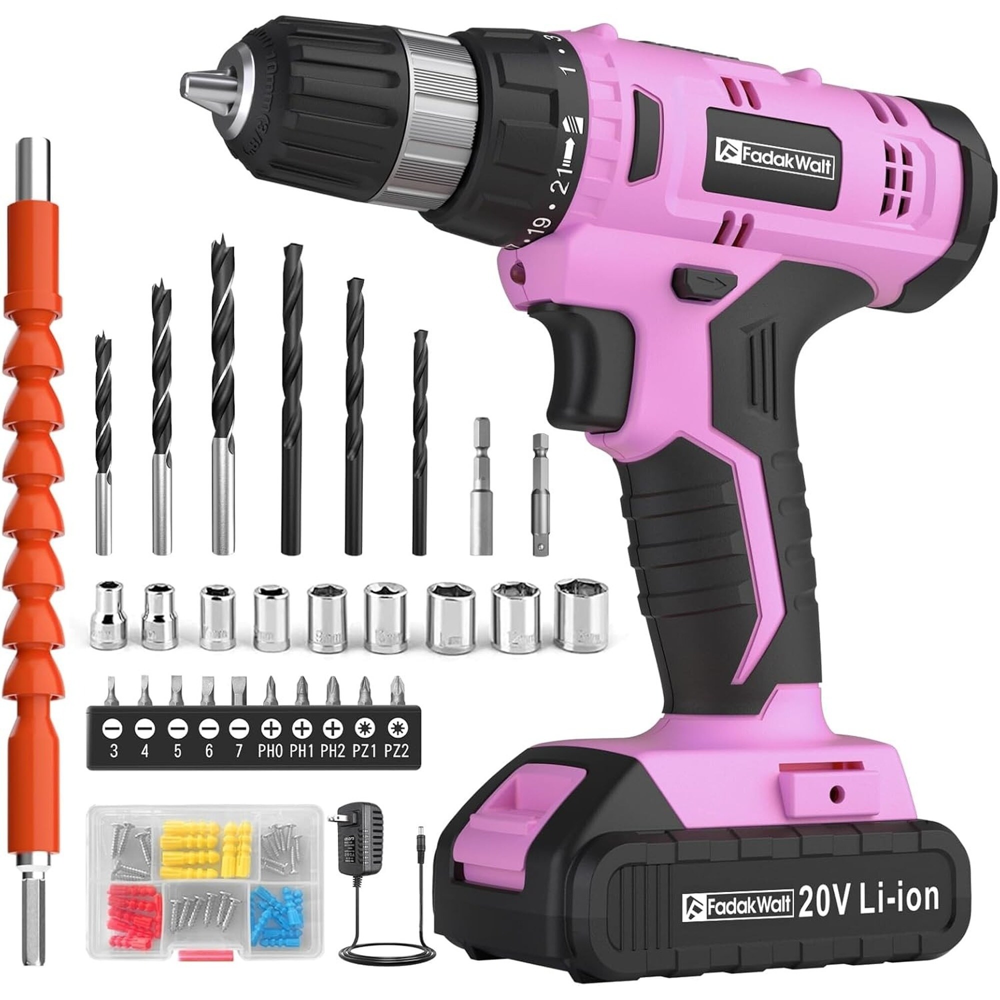 OGETFUUR 20V Cordless Drill Set Electric Power Drill with Battery and Charger 30 Nm Torque 21 plus 1 Settings 0.375in Keyless Chuck Driver Bits Kit with LED Light for Home DIY