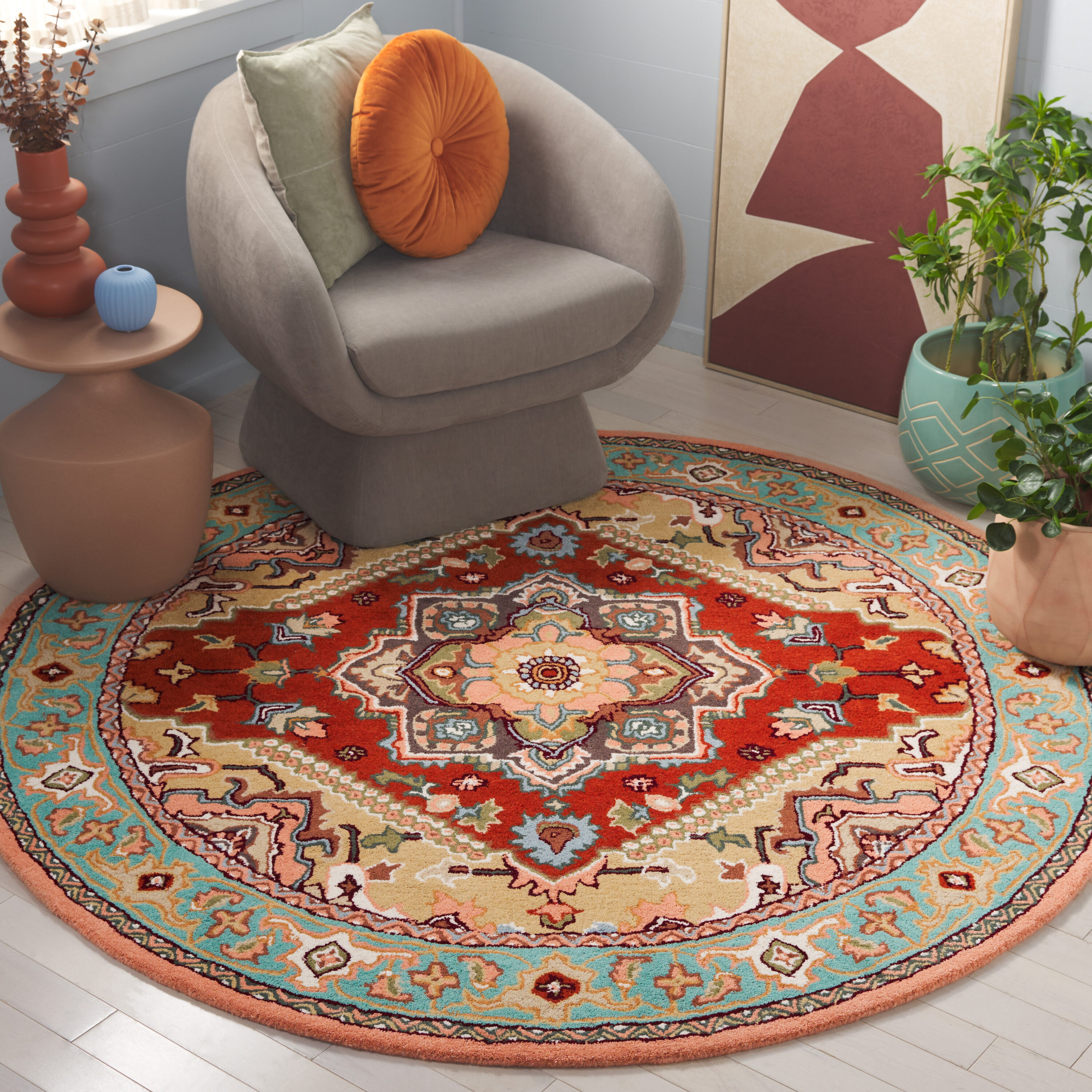  Heritage 625 Red/Pink Traditional 6ft x 6ft Round Rug