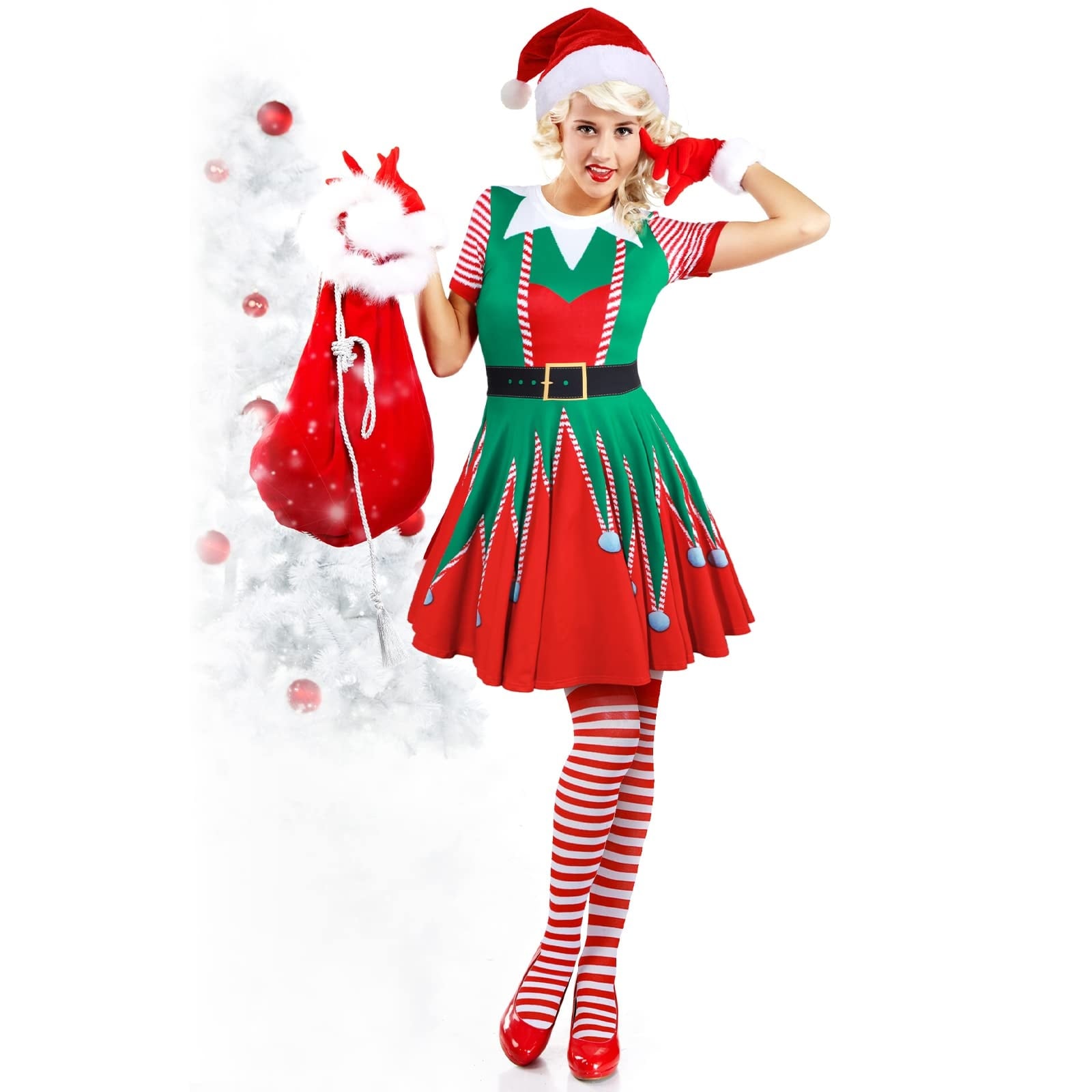 Etokfoks  3 Pcs Christmas Elf Costume Set Women Short Sleeve Christmas Dress Thigh High Socks Santa Hat
