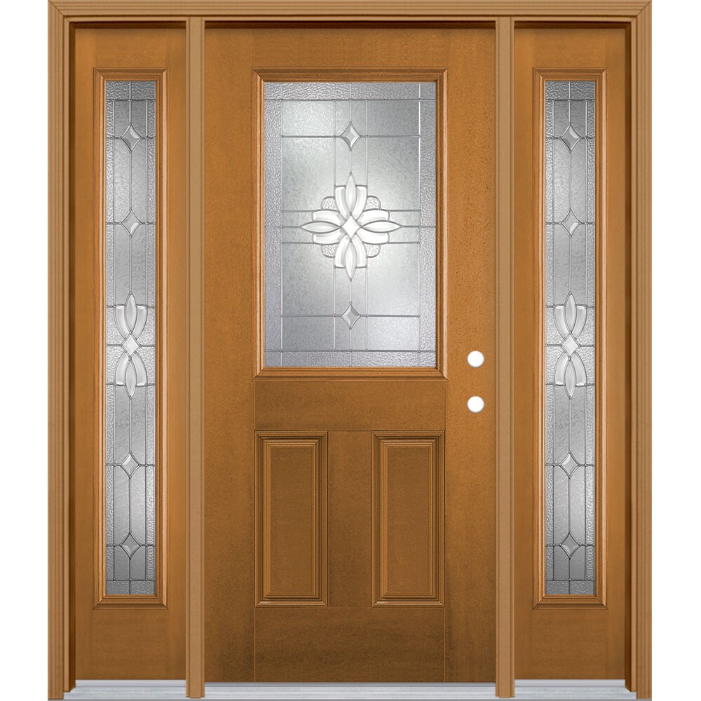 Masonite 2626223 Laurel 64-in x 80-in Wood Half Lite Left-Hand Inswing Oak Crest Stained Single Front Door with Sidelights with Brickmould Insulating Core