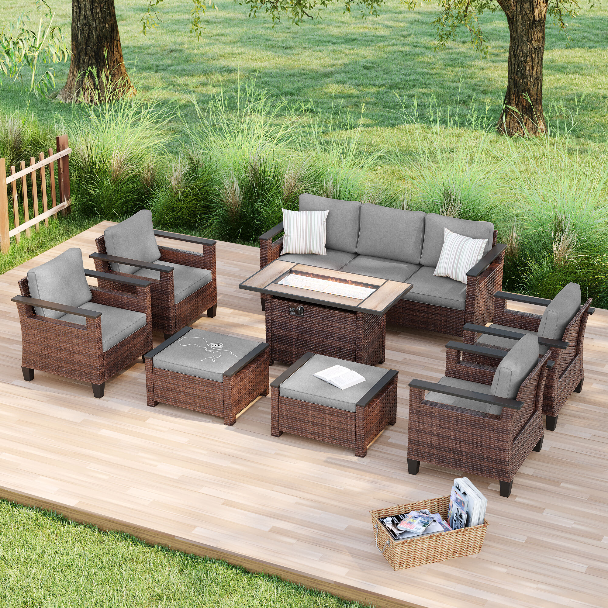 ACEGOSES LW-126BGY-S2T5 Skytop 8 -Piece Wicker Patio Sofa Conversation Set with Gray Cushions