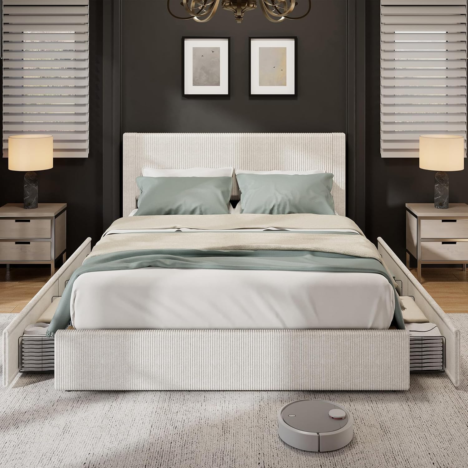 Qeetex LHF-BED-PHO-33T6PDXV Queen Size Bed Frame with 4 Storage Drawers Platform Bed Frame Queen with Upholstered Channel Tufted Wingback Headboard Strong Wooden Slats Support No Box Spring Needed Beige