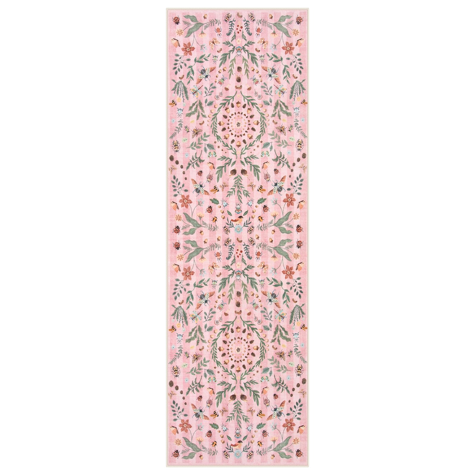 Lahome RR-DYR-035-P1 2 x 6 (ft) Pink Insect and Plant Vertical Striped Texture Short Pile Velvet Rectangular Indoor Area Rug