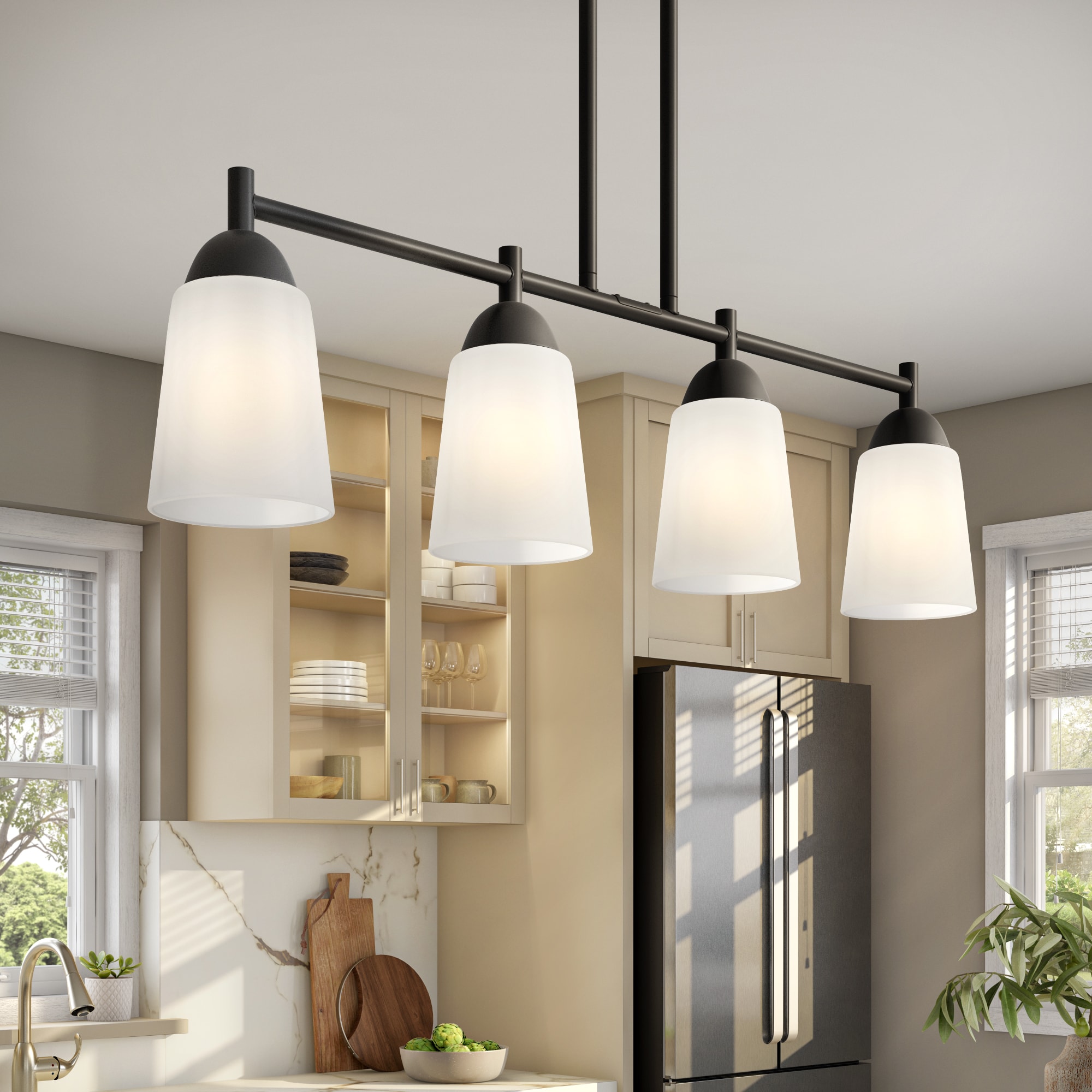 Malone 34" Matte Black Transitional Island Light with Frosted Glass