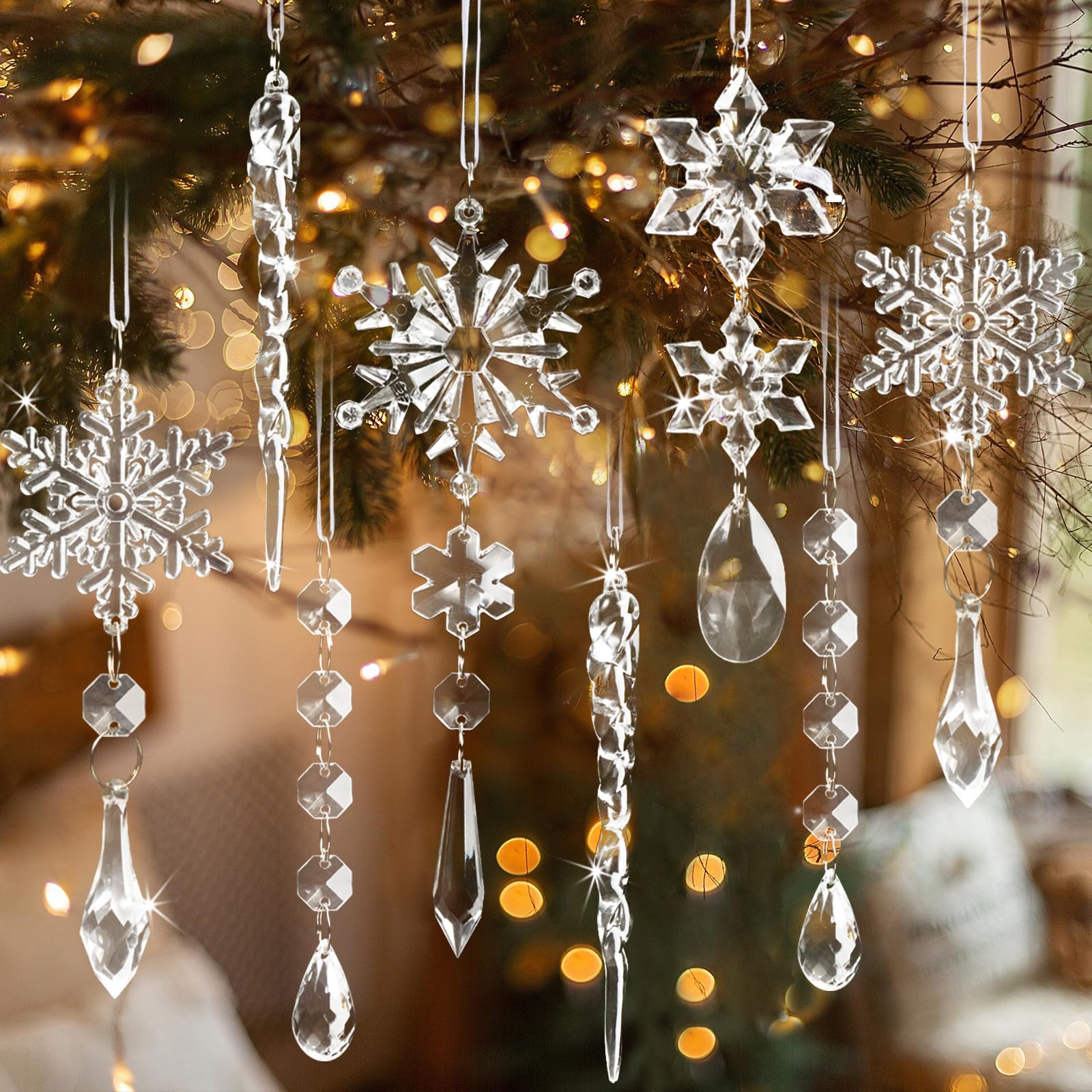 Lukvuzo  18pcs Crystal Christmas Ornaments Set Acrylic Snowflake Icicle and Bead Garland Hanging Decorations for Tree Chandelier Windows Winter