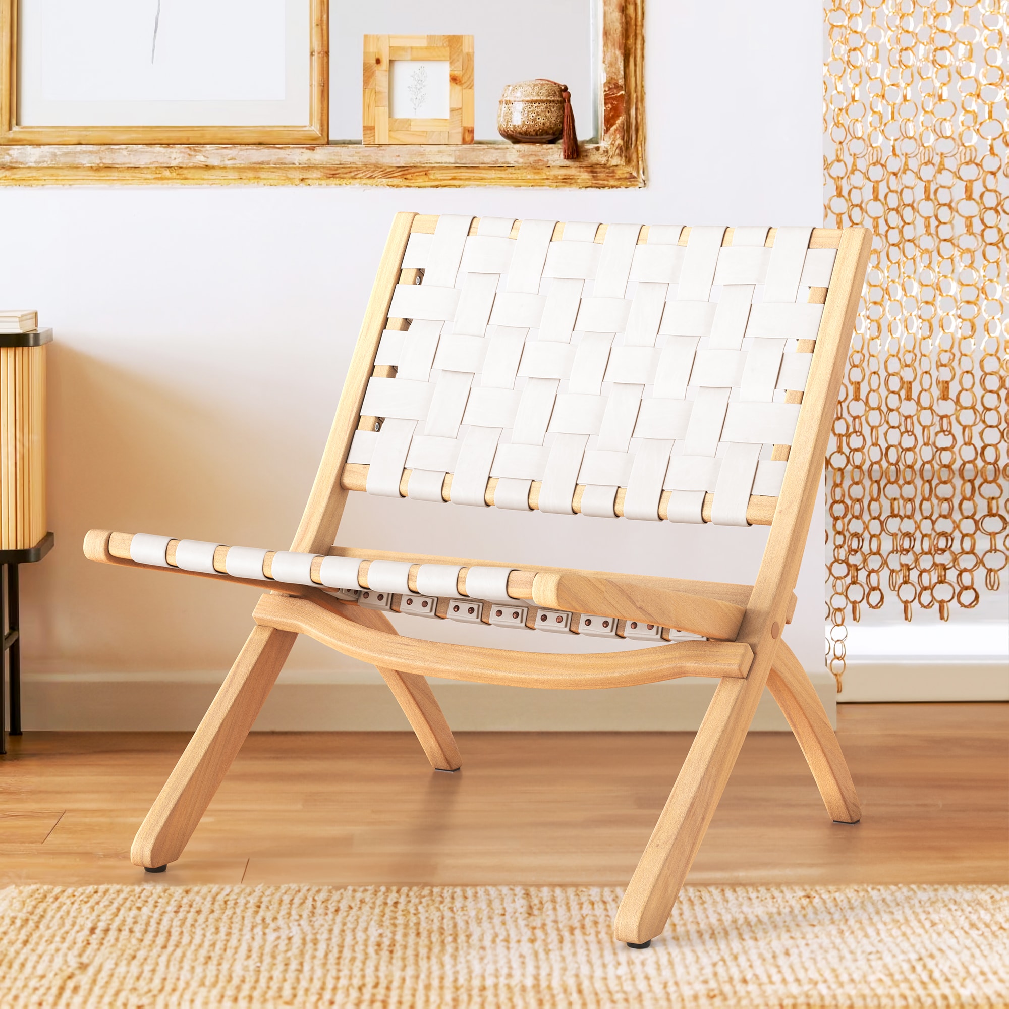 LUE BONA LB21CH0019-200LS White Leather and Natural Wood Residential Standard Folding Chair with Woven Seat ( Indoor or outdoor )