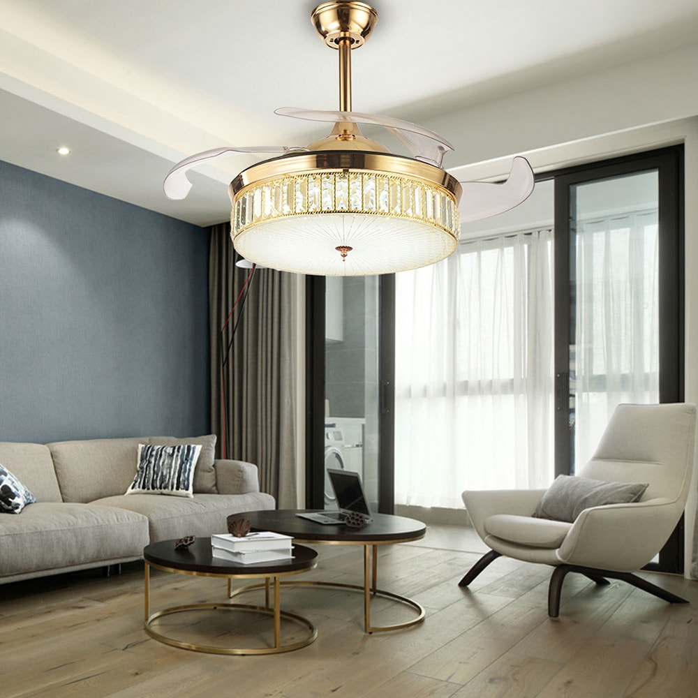 Oukaning HG-HCX-1982 42-in Color-Changing Integrated LED Gold Crystal 3-speed Retractable Timing LED with ABS Blades Ceiling Fan With Light - Remote Included ( 4 -Blade )