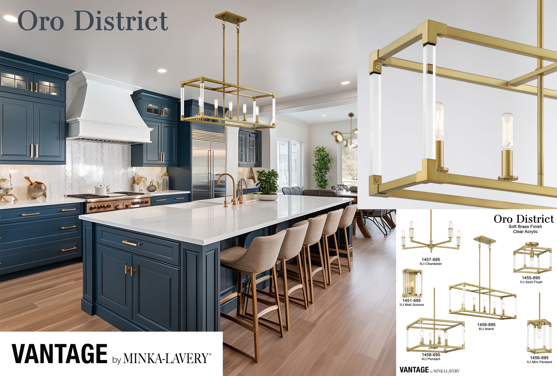 Oro District Soft Brass 4-Light Rectangular Pendant