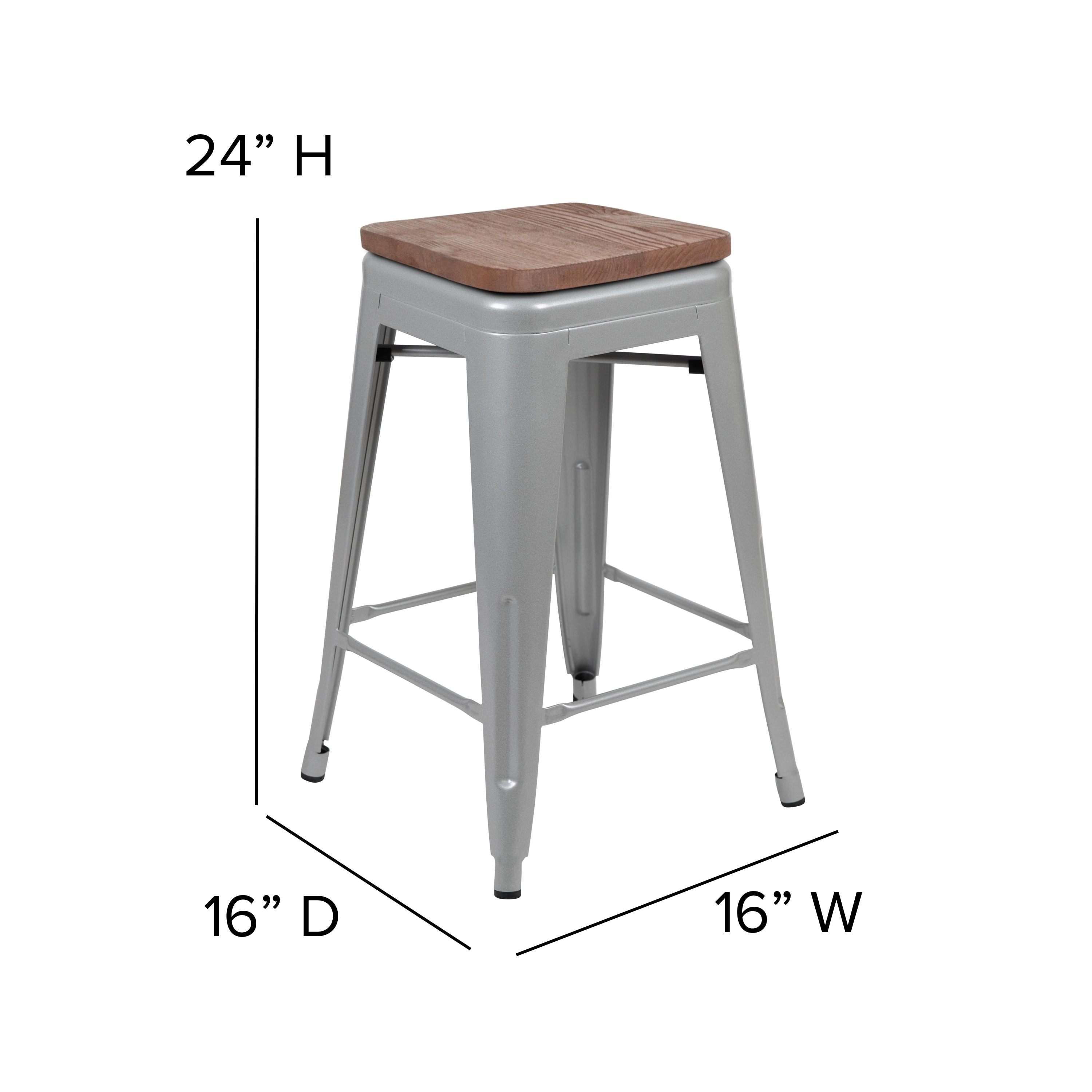 Modern 24" Silver Metal and Wood Stackable Bar Stools - Set of 4