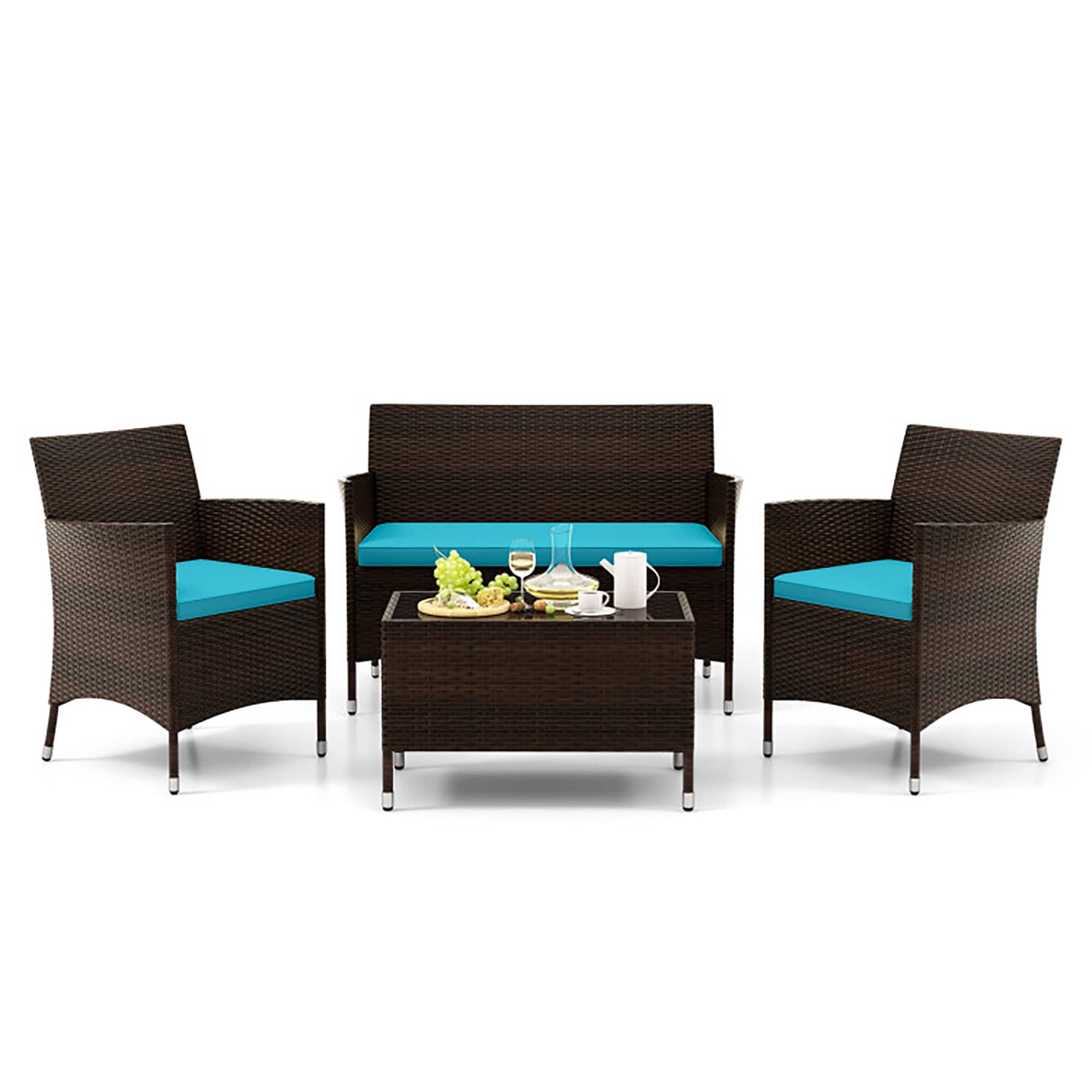 CASAINC WF-HW63214TU-LA 4 Pieces Comfortable Mix Outdoor Rattan Sofa Set with Glass Coffee Table 4 -Piece Rattan Patio Conversation Set with Blue Cushions