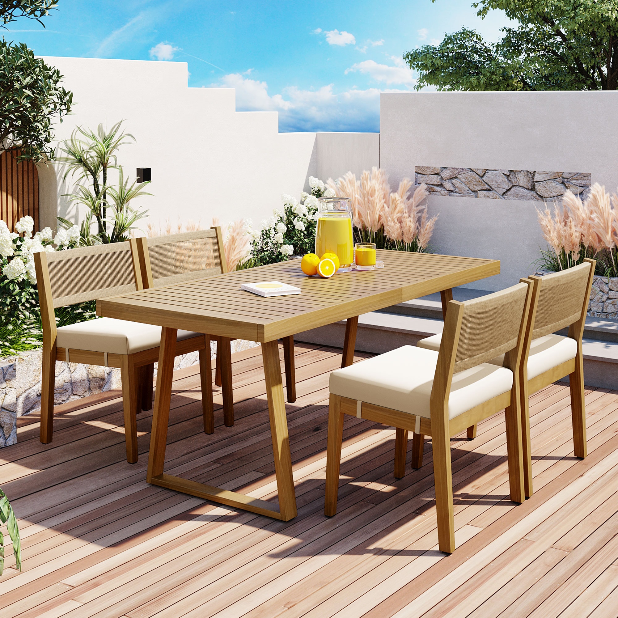 Direct Wicker 5 -Piece beige Patio Dining Set Wood Rectangle Table with 4 Beige Cushions Stationary and Motion Chairs