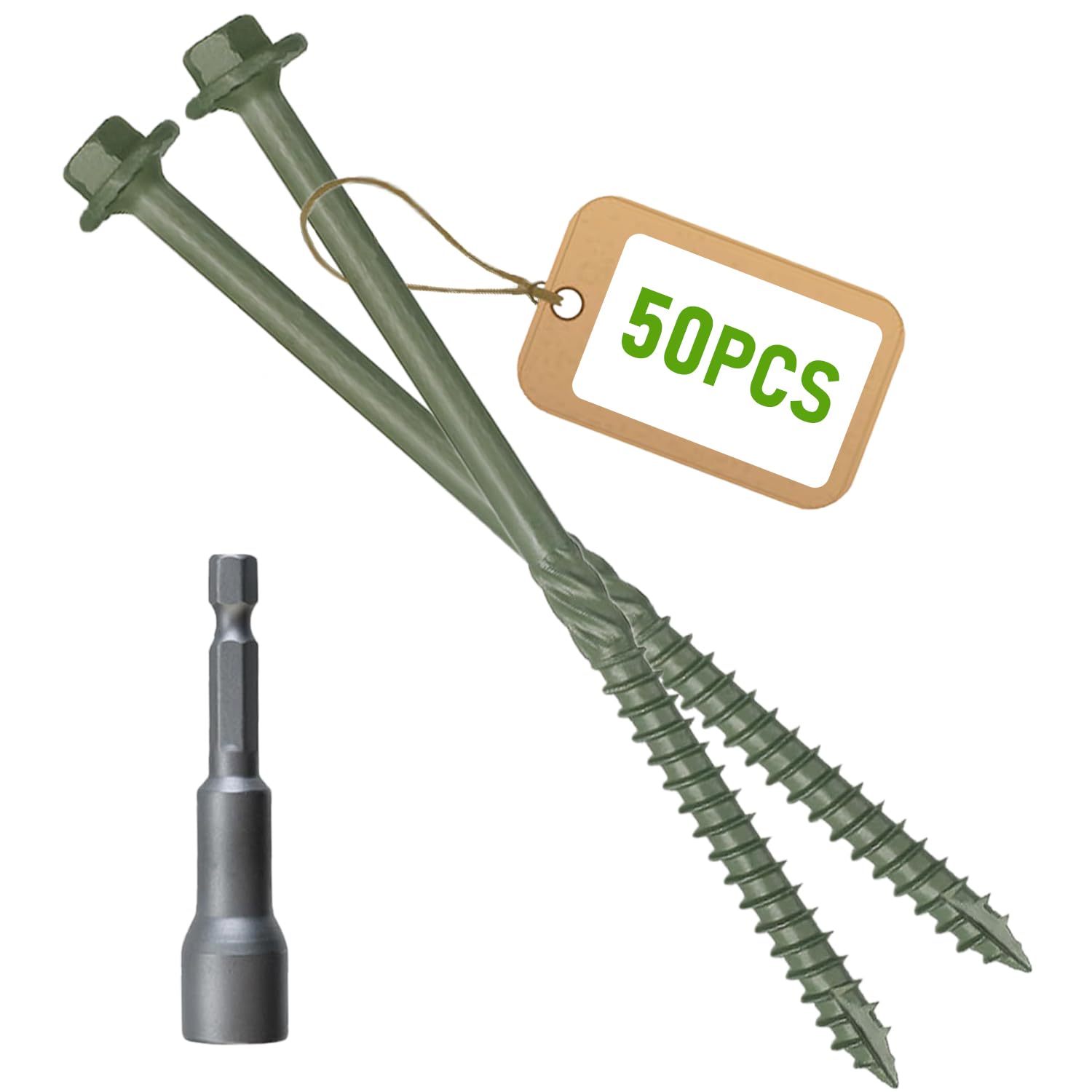 KIWDZFU  Pack of 50 Number 14 by 8 Inch Green Coated Heavy Duty Hex Head Wood Structural Screws with Hex Socket for Timber Log Landscaping