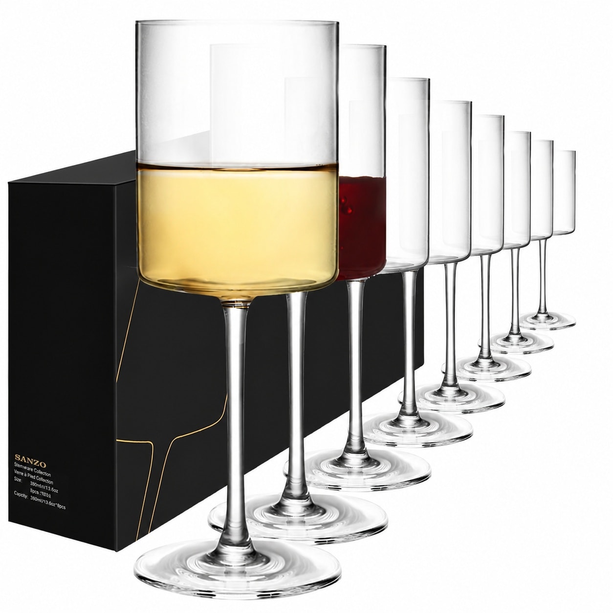 Aoibox  15 Ounce Lead Free Crystal Wine Glass Set with Square Bowl Design for Red and White Wine 8 Piece Set