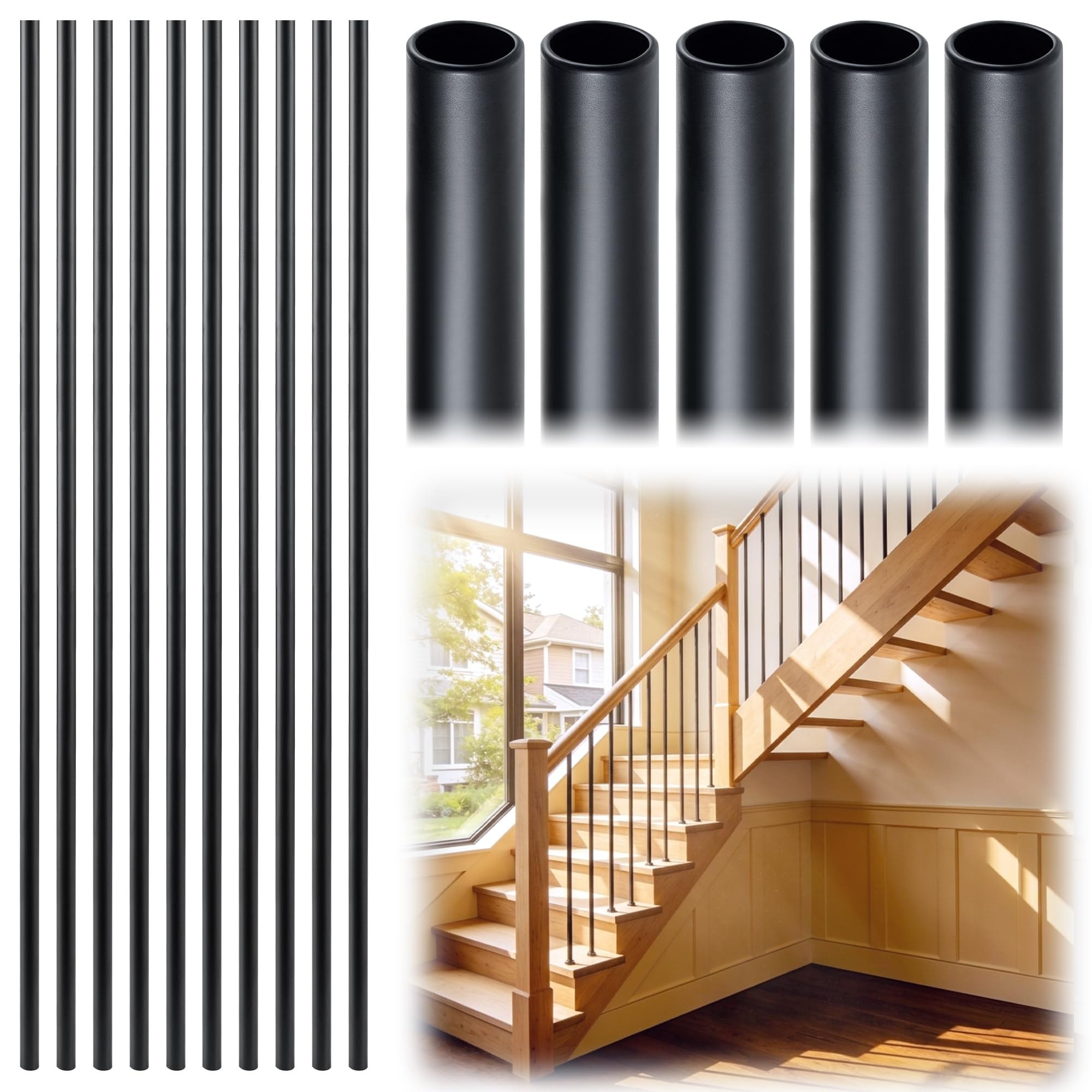 Angel Sar - 15 Pcs 0.625 x 44 in Iron Stair Balusters Round Hollow Wrought Spindles Satin Black P...