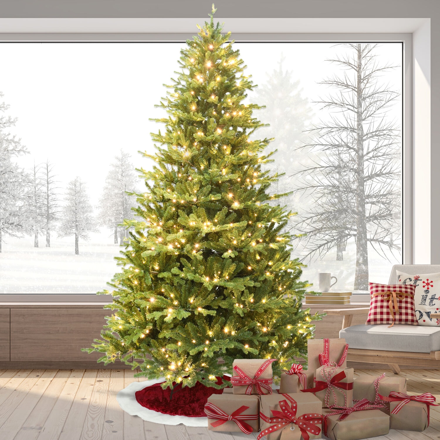 7.5-Foot Green Pine Artificial Christmas Tree with Warm White LED Lights