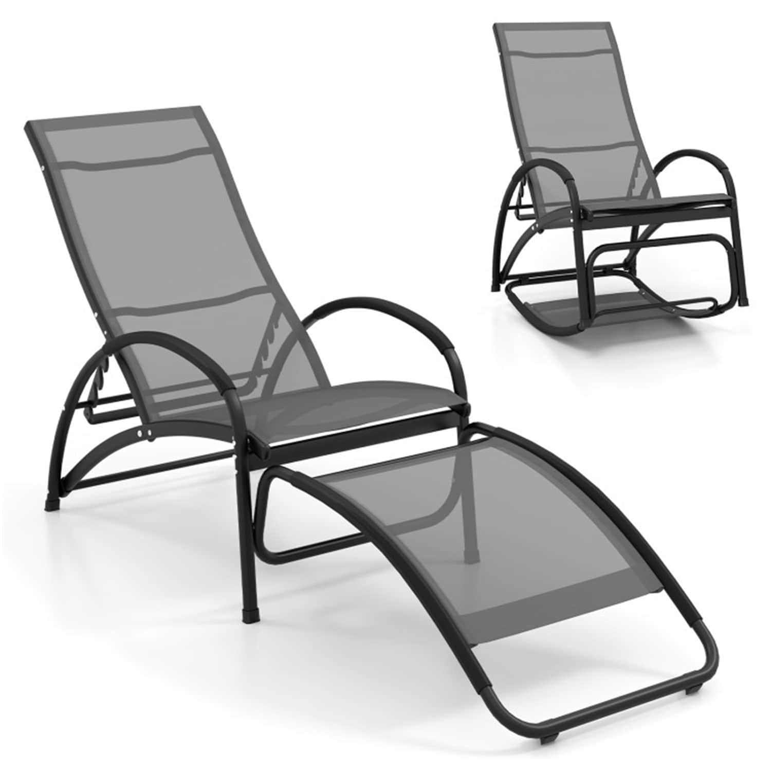 BABOOM BOM-11615GR-CO 2-in-1 Outdoor Chair Black Aluminum Frame Rocking Chair with Gray Sling Seat