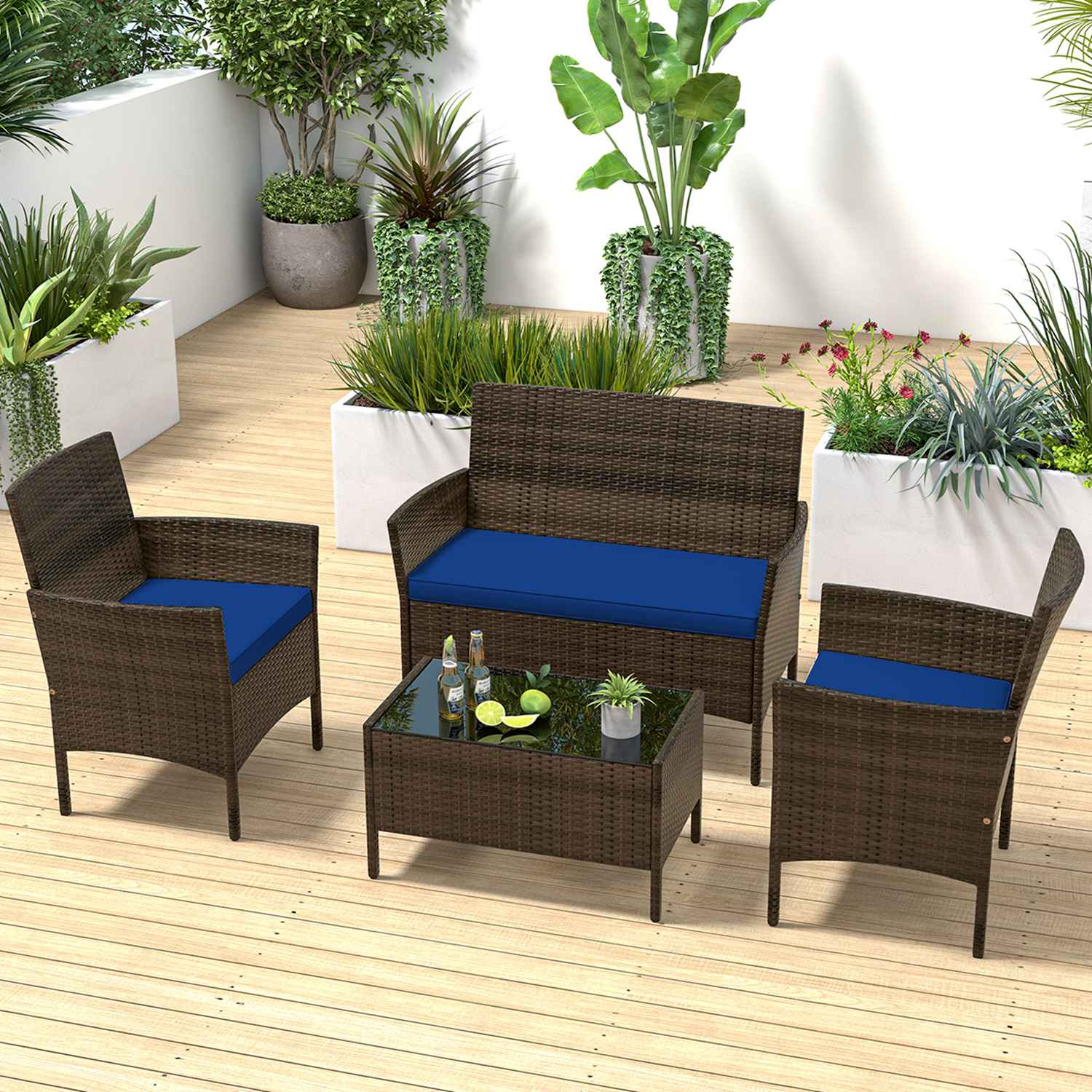 Costway HCST01437 4 PCS Patio Furniture Set with Washable Cushions and Tempered Glass Coffee Table Navy