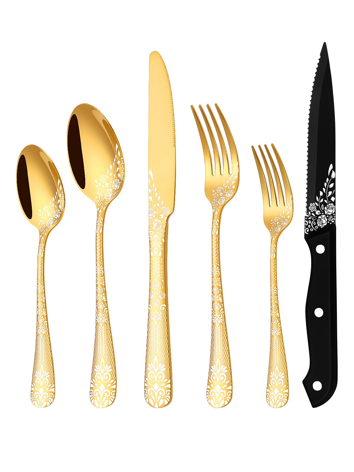 Aoibox  48 Piece Black Stainless Steel Flatware Set for 8 with Steak Knives and Laser Engraved Floral Handles Set