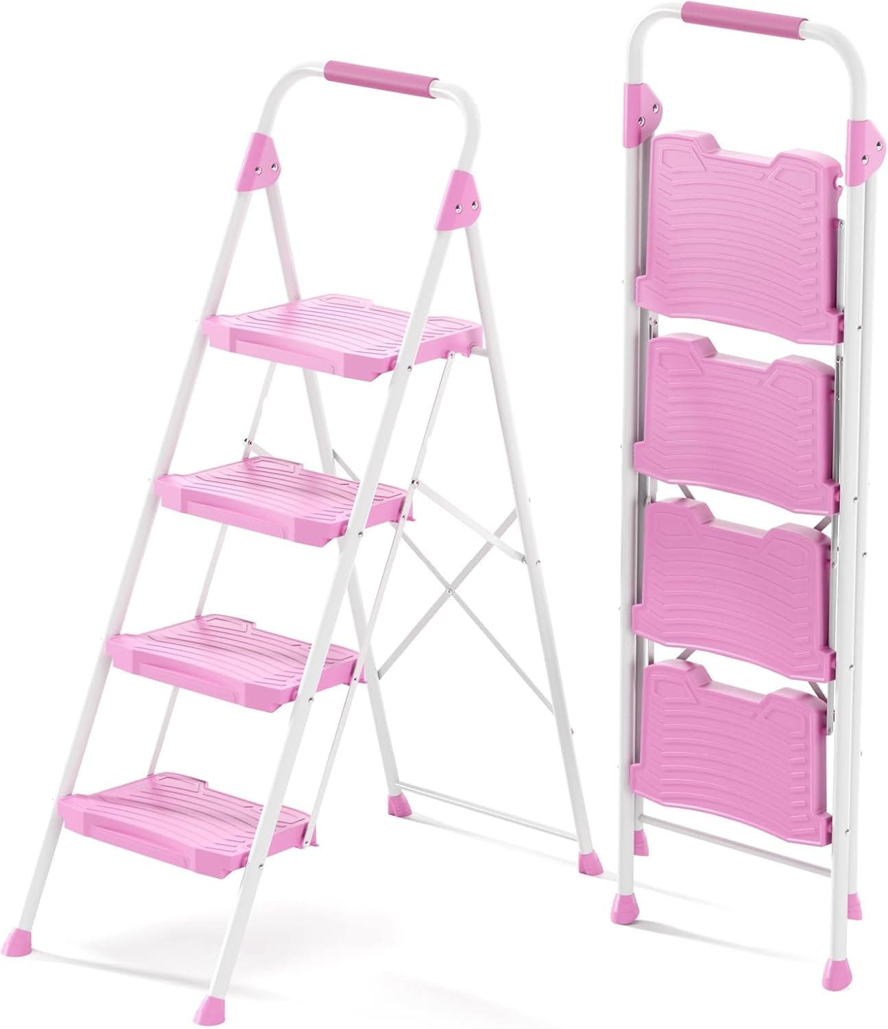 Etokfoks  50 in H 4 Step Foldable Pink Ladder 900 lb Load Capacity Sturdy Iron Handrail Anti Slip Pedals Garden Home Office Outdoor