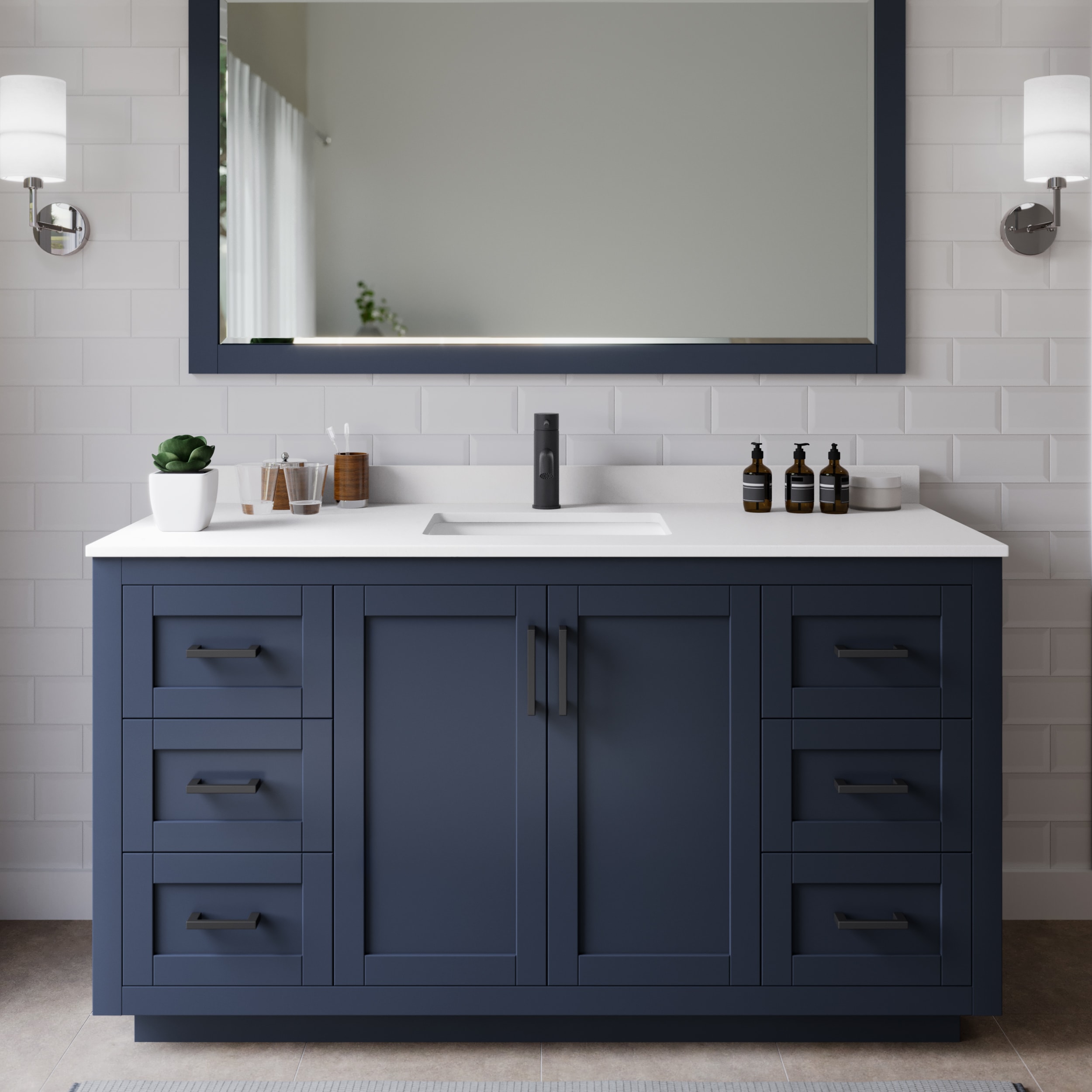 Wyndham Collection WCF292960SBBWCUNSM58 Miranda 60-in Dark Blue with Matte Black Trim Undermount Single Sink Bathroom Vanity with White Cultured Marble Cultured Marble Top (Mirror Included)