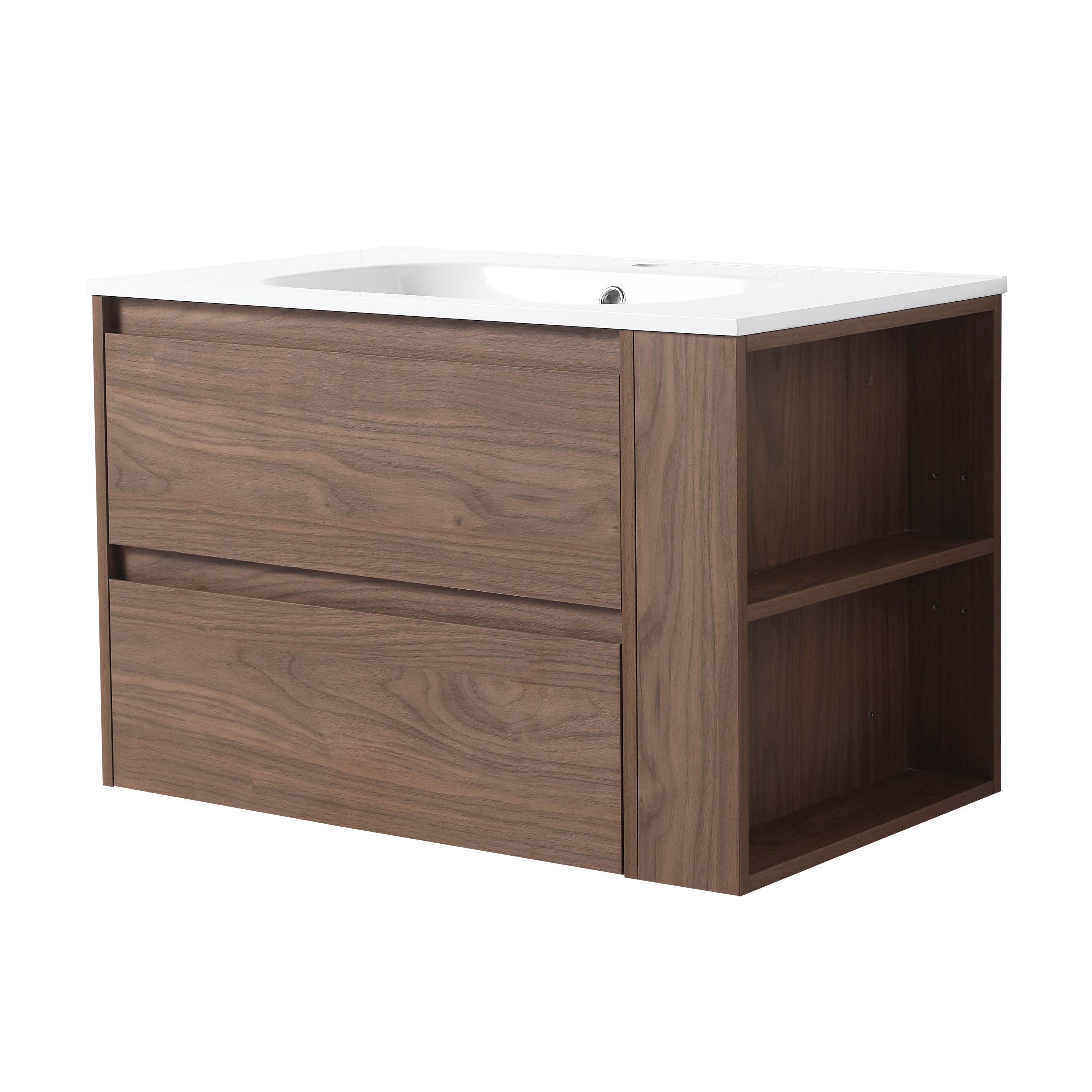 Vynxaria LESX1340-DJBR-YSG033 30inch Wall Mounted Bathroom Vanity with Gel Sink Soft Close Extended Drawers Adjustable Side Shelf Pre Assembled Base