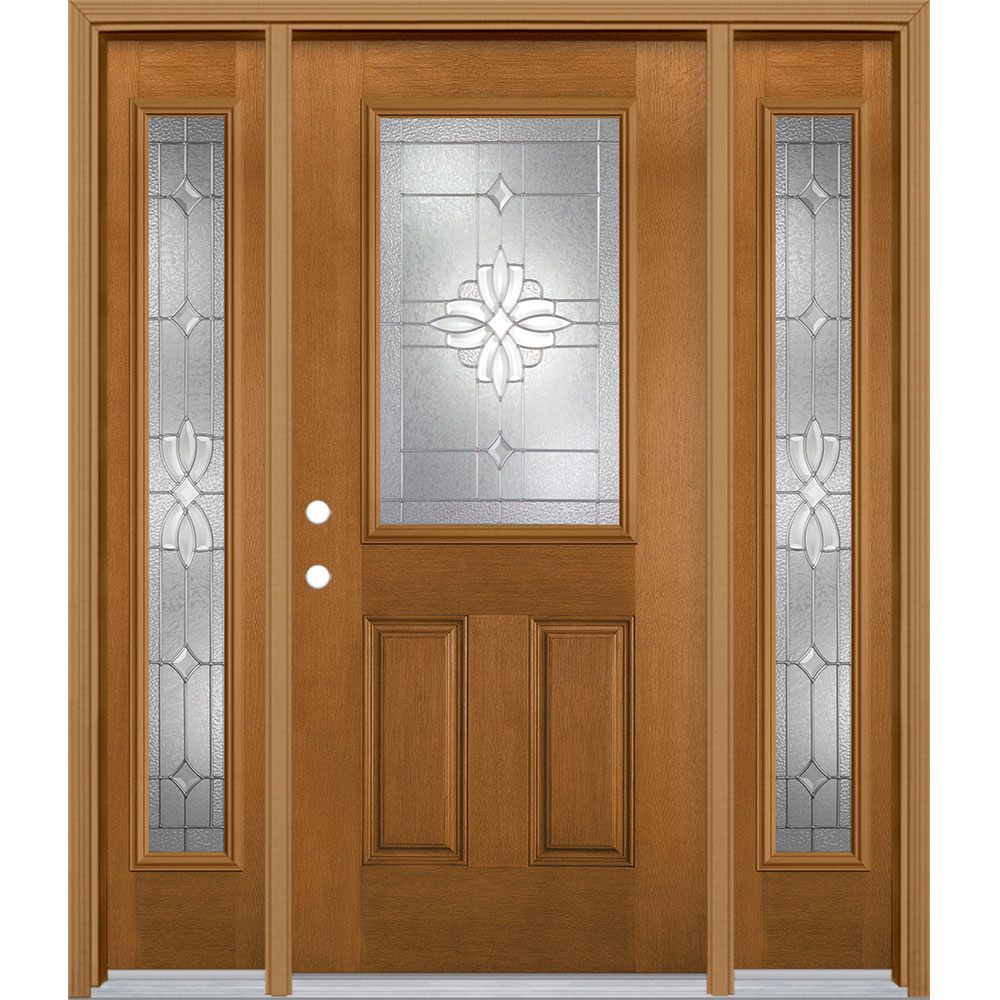 Masonite 2626230 Laurel 64-in x 80-in Wood Half Lite Right-Hand Inswing Oak Crest Stained Single Front Door with Sidelights with Brickmould Insulating Core