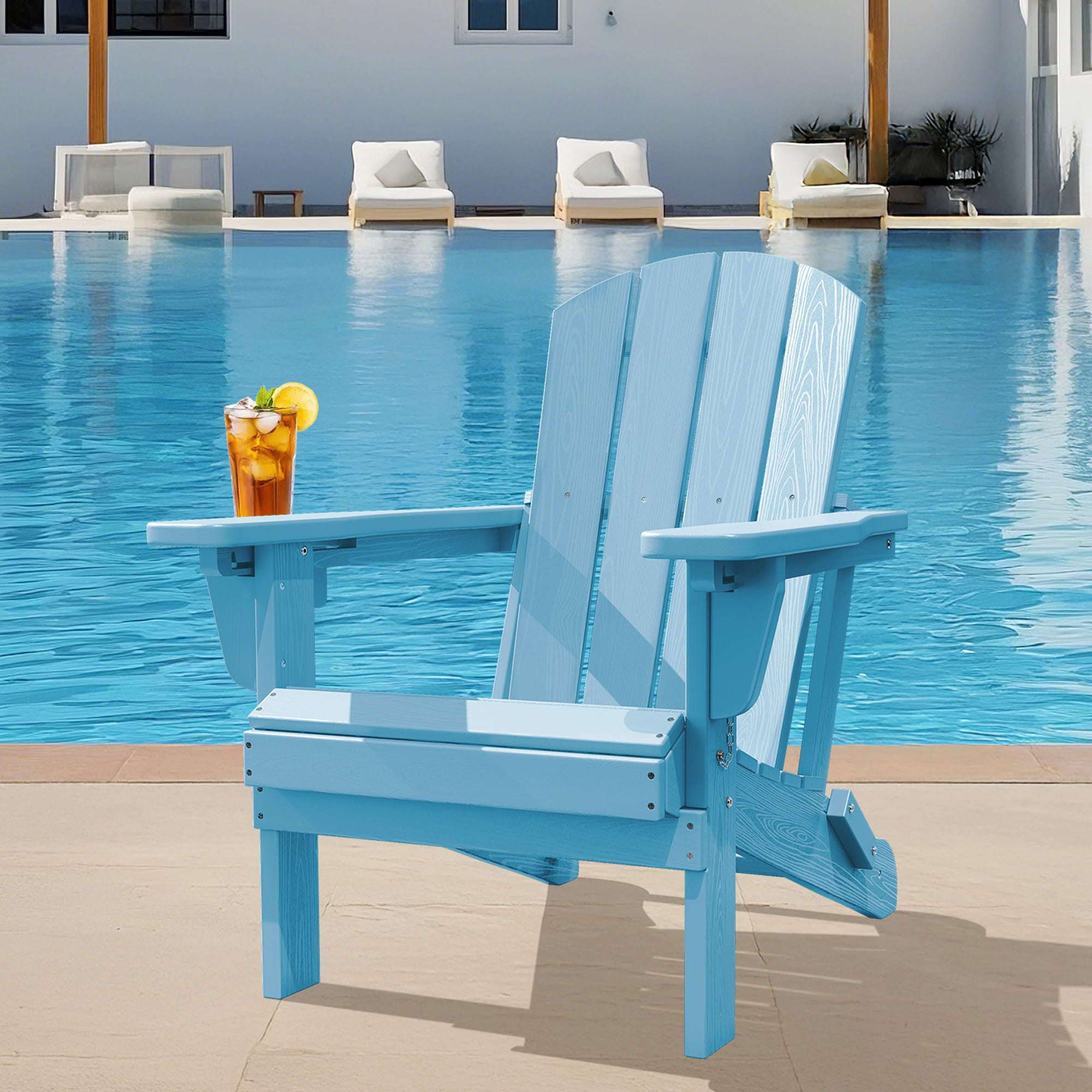 JEAREY PECGTJY-LB HDPE Patio Folding Adirondack Chair with Cup Holder Light Blue HDPE Frame Stationary Adirondack Chair with Slat Seat