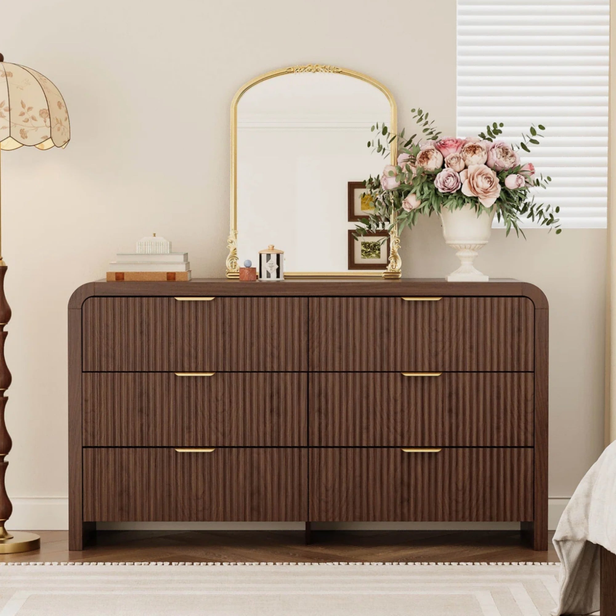 Wudkey 55in Modern Fluted 6 Drawer Dresser for Bedroom Walnut