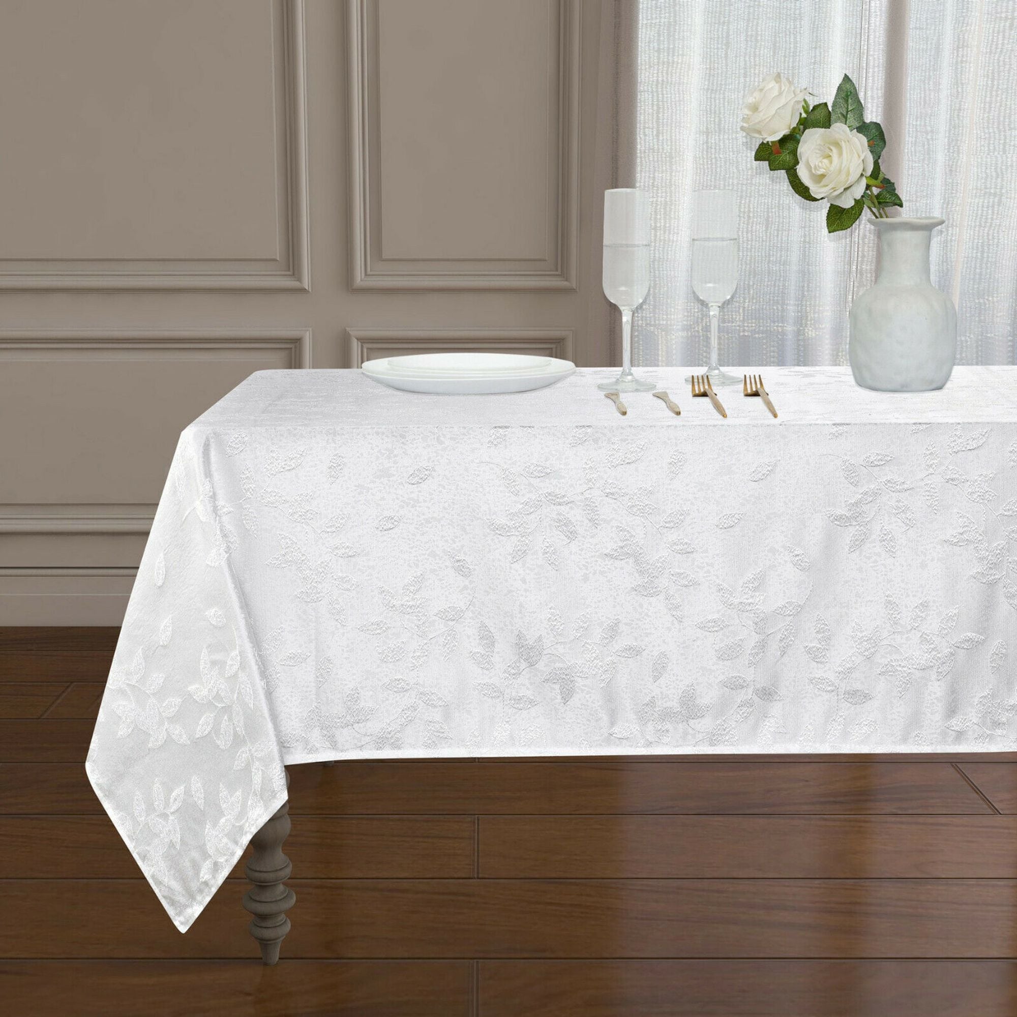 KATE AURORA Living Raised Jacquard Floral Leaves Spill Proof Fabric Tablecloth 60 in W x 84 in L White