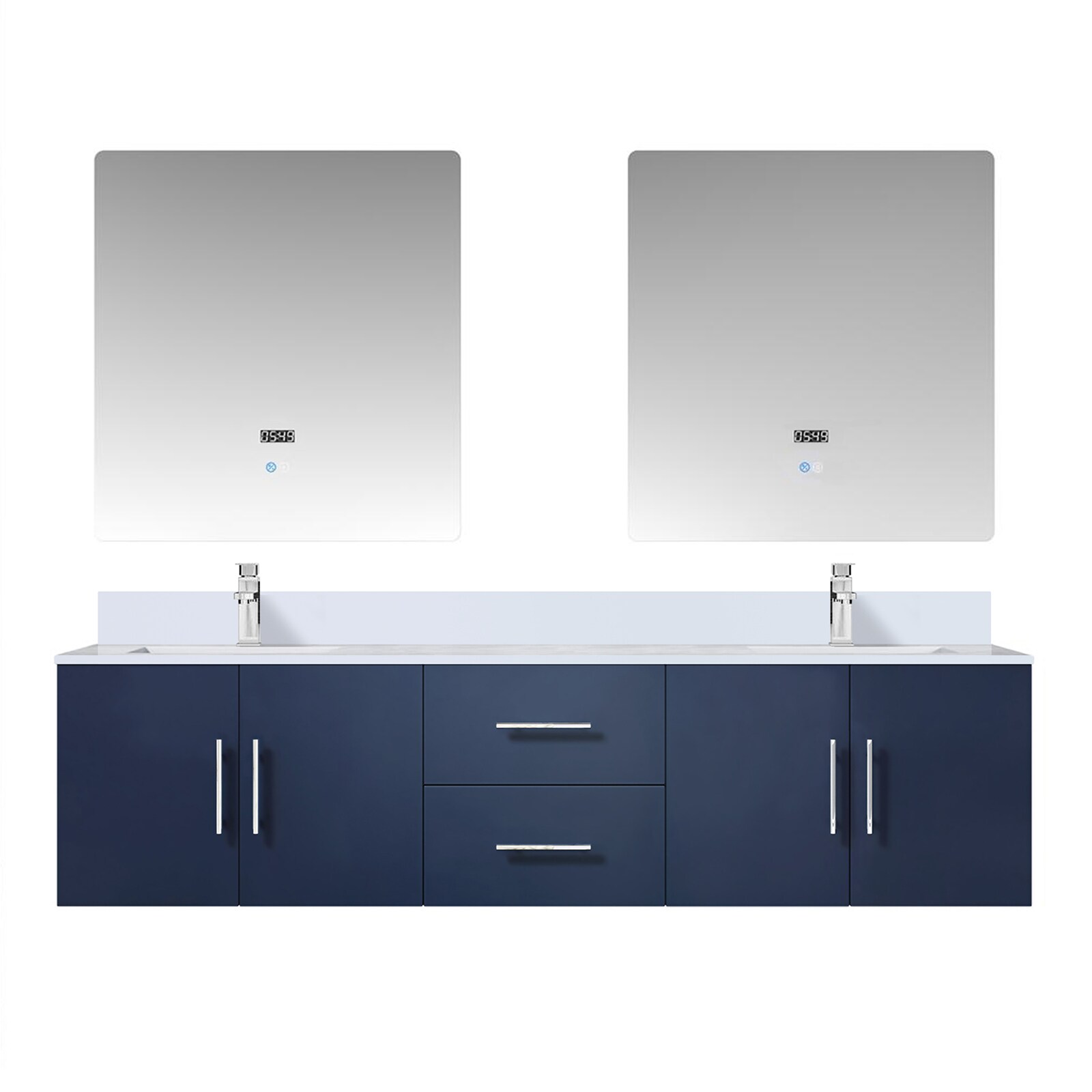 Lexora LVG72DE311 Geneva 72-in Navy Blue Undermount Double Sink Floating Bathroom Vanity with White Cultured Marble Top (Mirror and Faucet Included)
