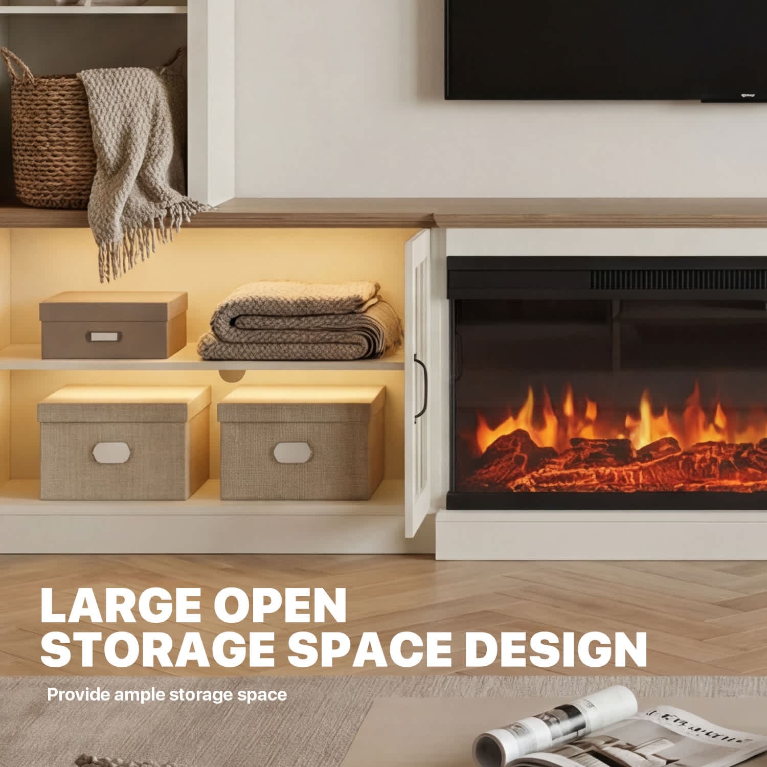 Sunmthink  98in Farmhouse TV Stand with 36 Electric Fireplace Bookshelves Fits 75in TVs Entertainment Center with Storage Cabinet White Sansujyuku sansujyuku.com