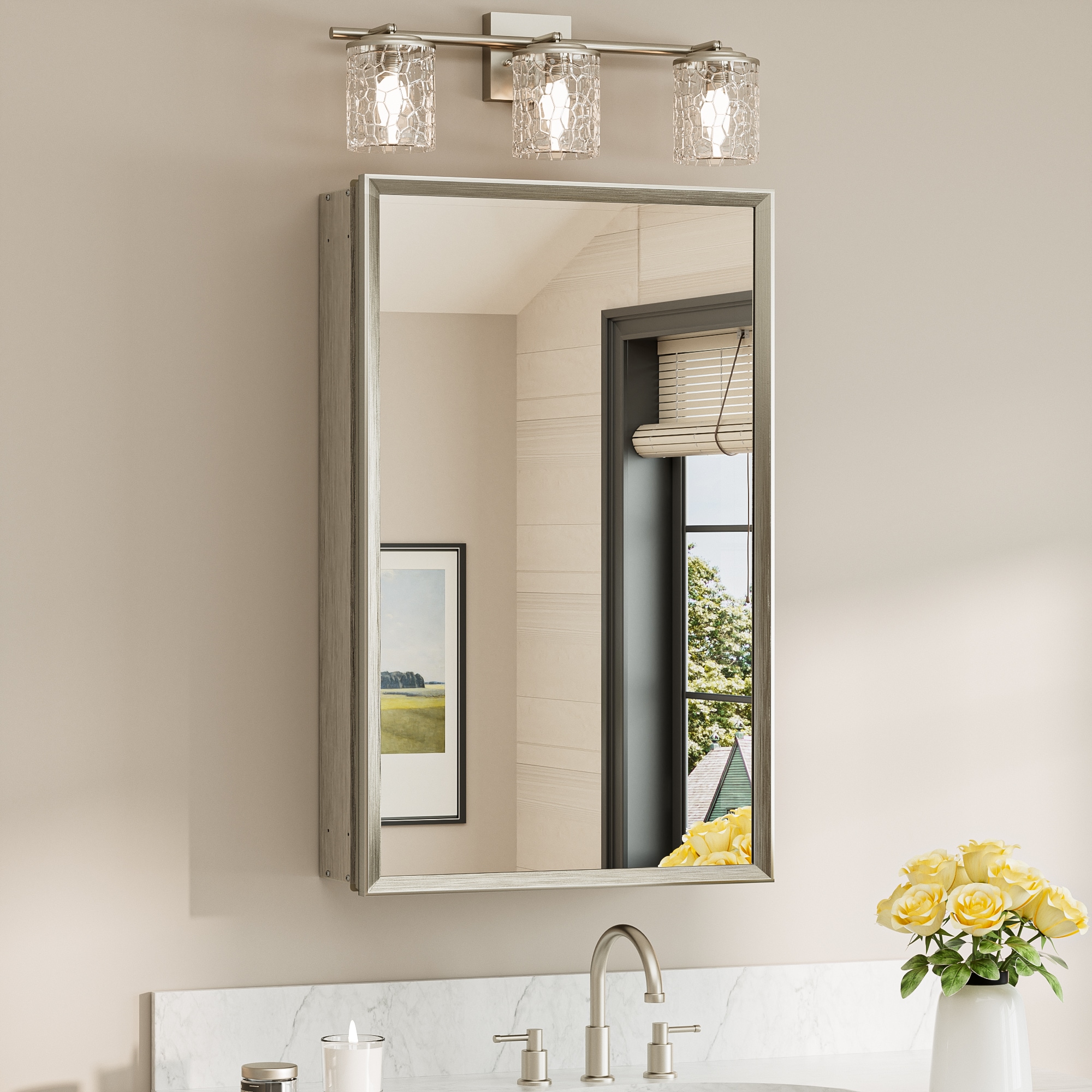 TETOTE 20x32 Brushed Nickel Medicine Cabinets Mirrors Surface/Recessed Mount Mirrored Rectangle Soft Close Medicine Cabinets