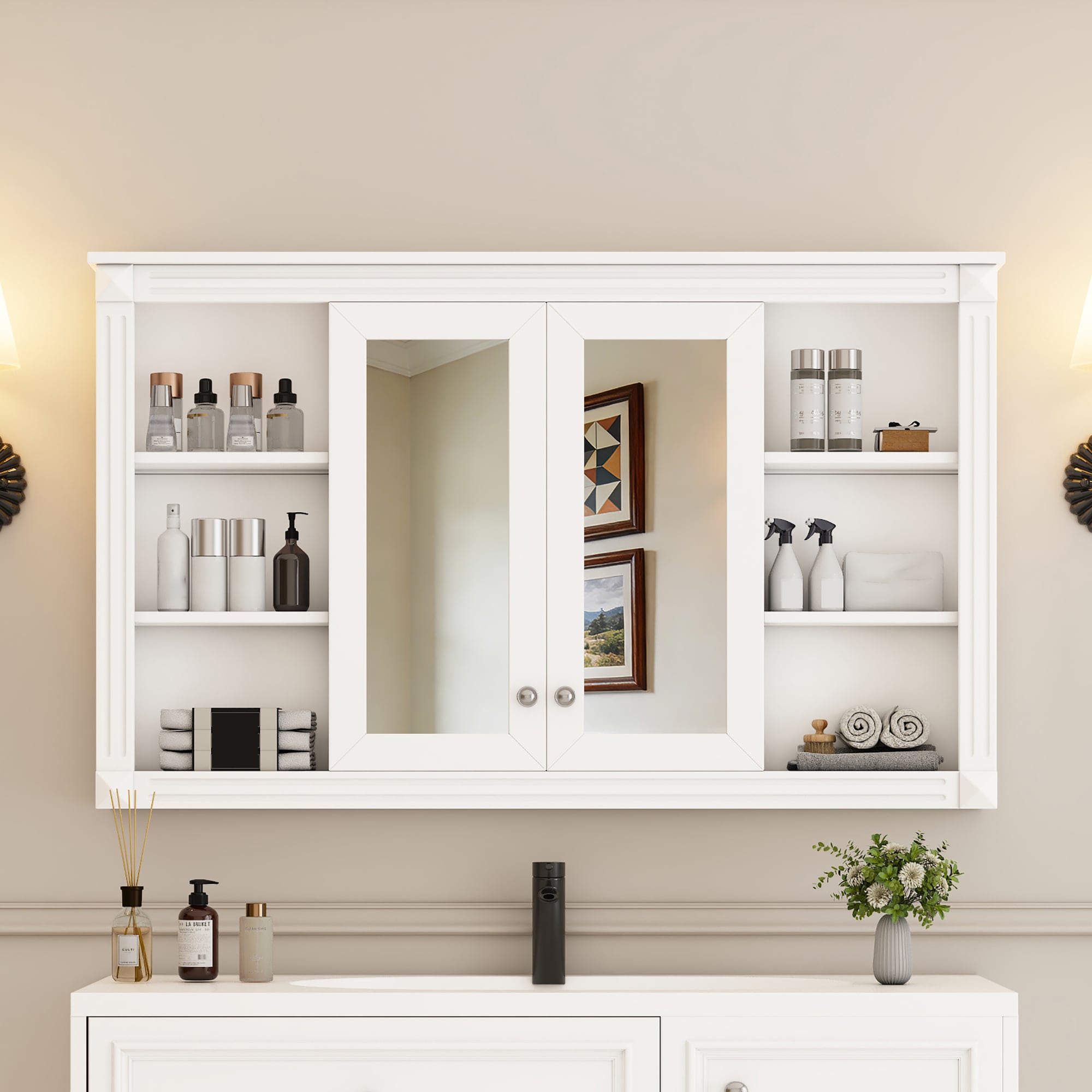 LOVMOR  47-in x 7.13-in x 28.74-in White Bathroom Wall Cabinet with Mirror and Adjustable Shelves