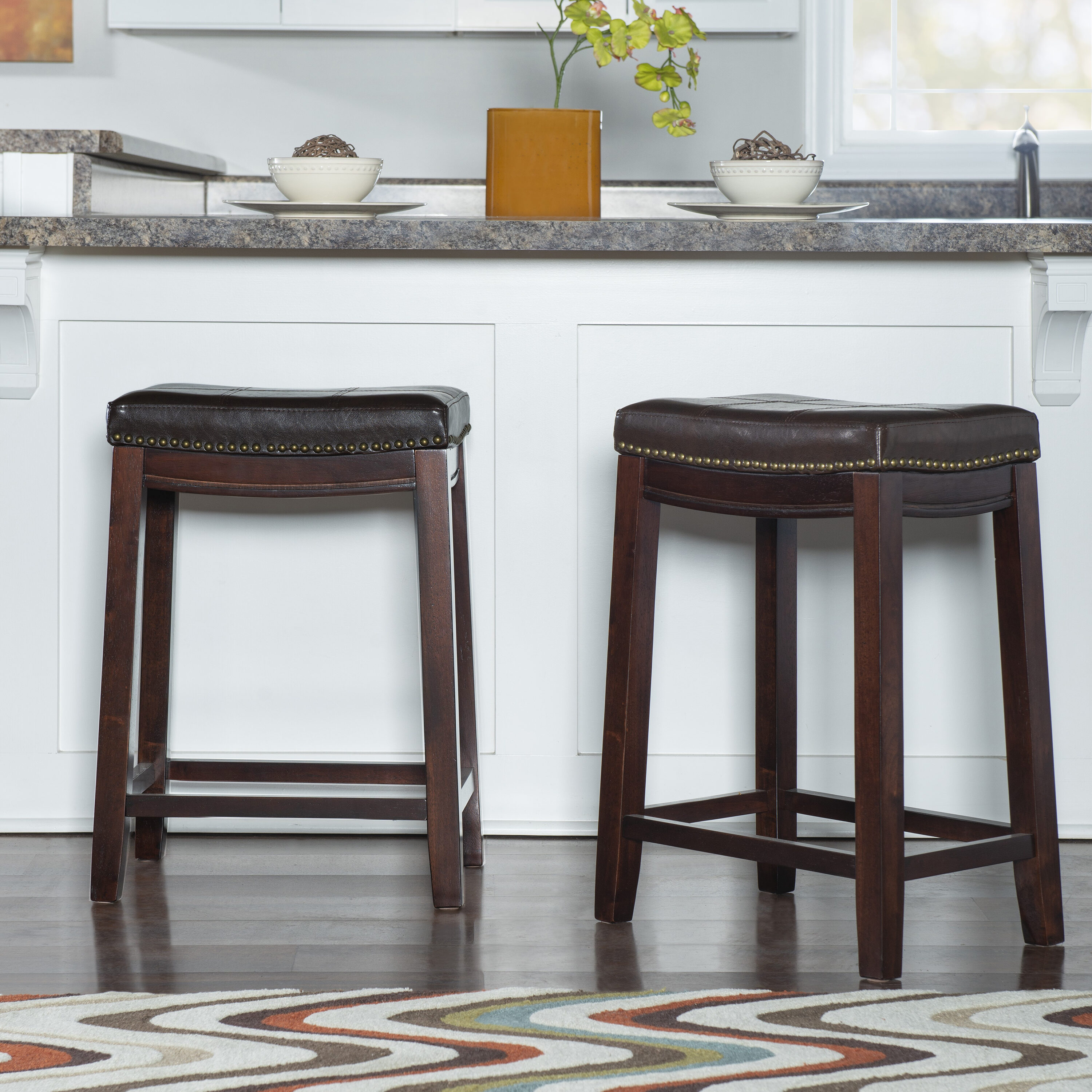 Linon LOWES1926 2 -Set Wenge 26.5-in H Counter height Saddle seat Upholstered Wood Bar Stool